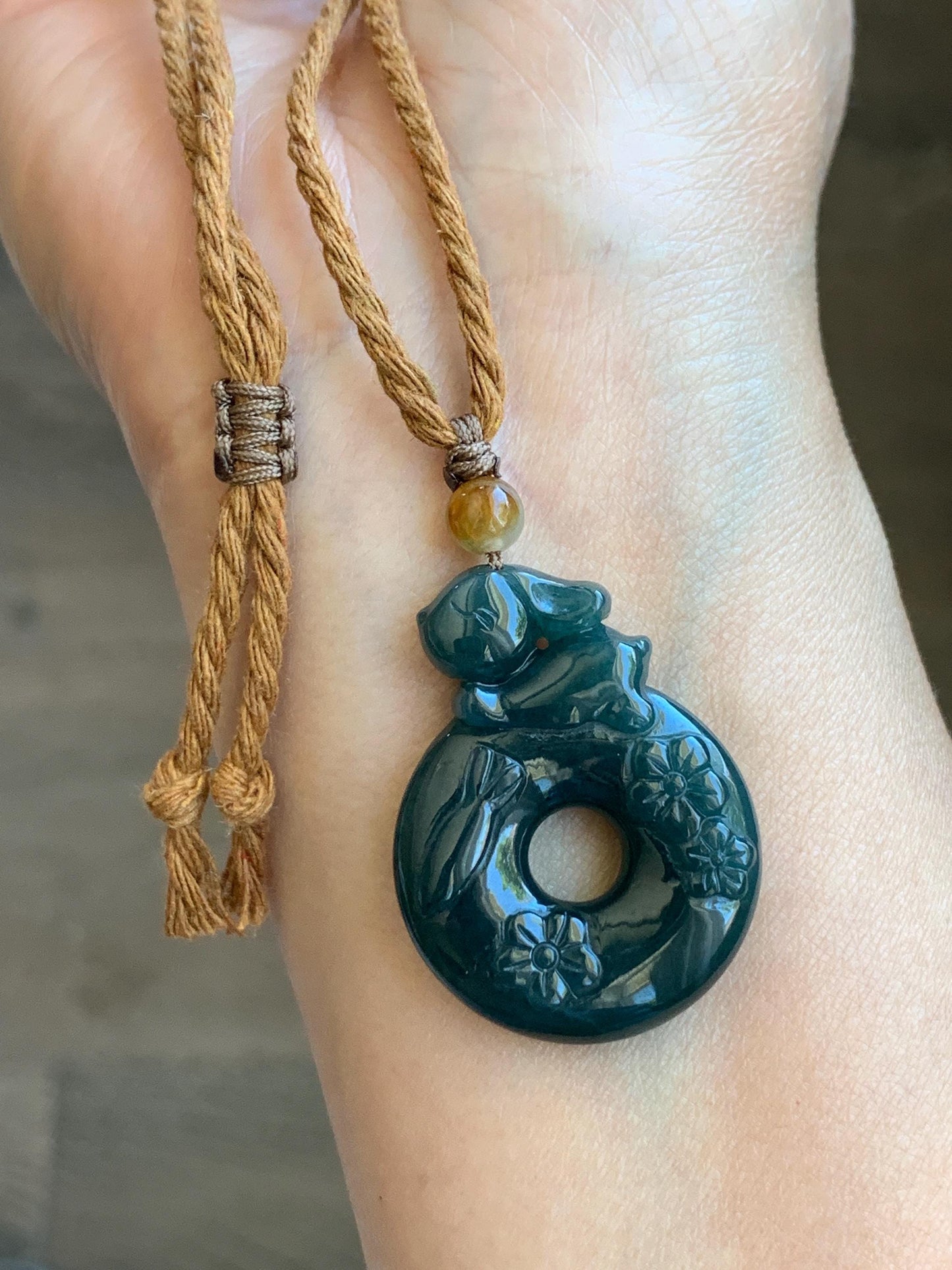 Natural Guatemalan Icy Translucent Deep Teal Blue Jadeite Rabbit Cherry Blossom Ping An Kou Donut Pendant Rope Necklace 天然冰危深蓝翡翠小兔梅花双面平安扣吊坠
