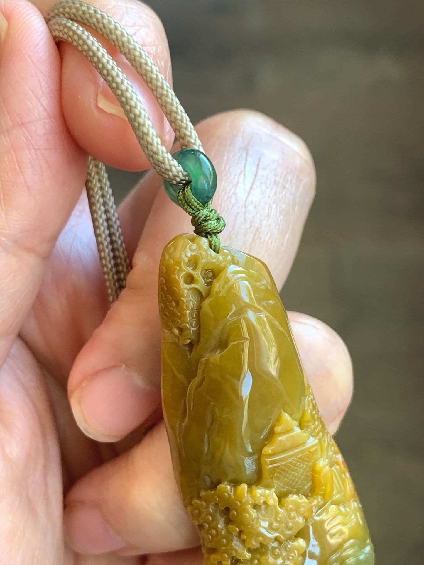Natural Grade A Guatemalan Icy Translucent Golden Brown Jadeite Shan Shui Landscape Pendant Rope Necklace 32" 23g 天然冰危油黄翡翠精工雕山水吊坠项链 JYH280