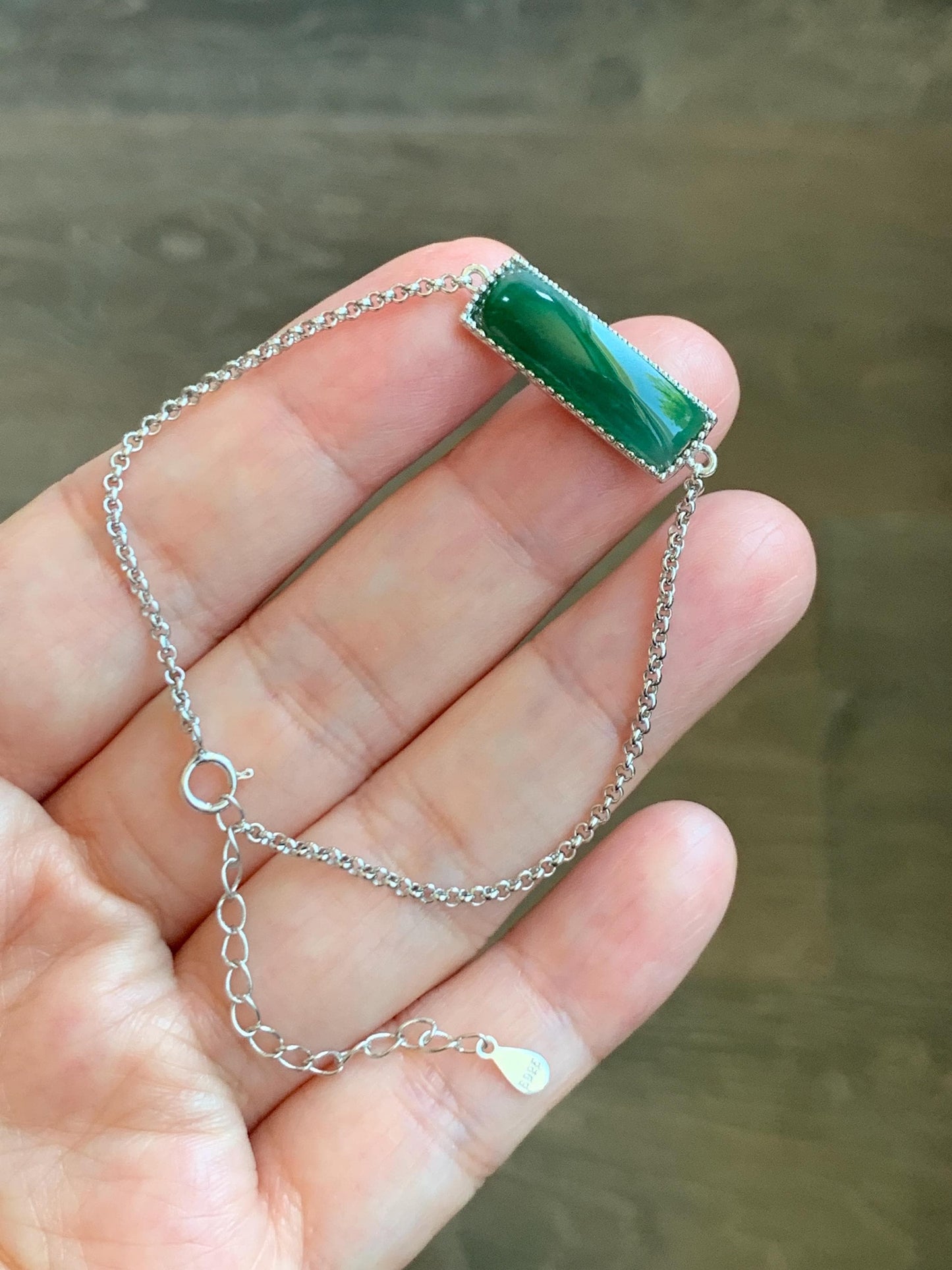 Certified Natural Guatemalan Icy Translucent Rich Teal Green Jadeite Saddle Cut Chain Bracelet Sterling Silver 6.25”-7.5” 天然冰危绿翡翠马鞍银镶手链 9463