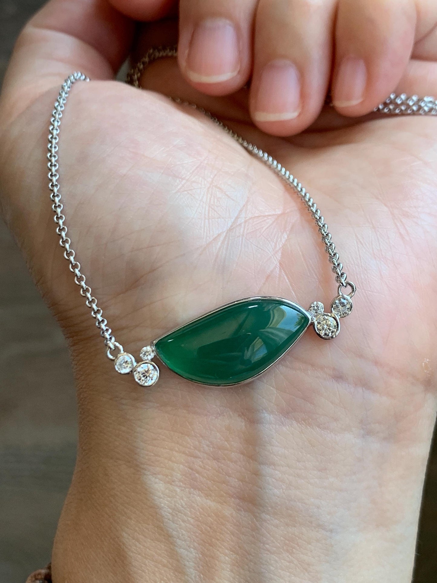 Certified Natural Grade A Guatemalan Icy Translucent Rich Green Jadeite Horse Eye Pendant Necklace Sterling Silver 19” 天然冰危绿翡翠马眼锁骨链 9460