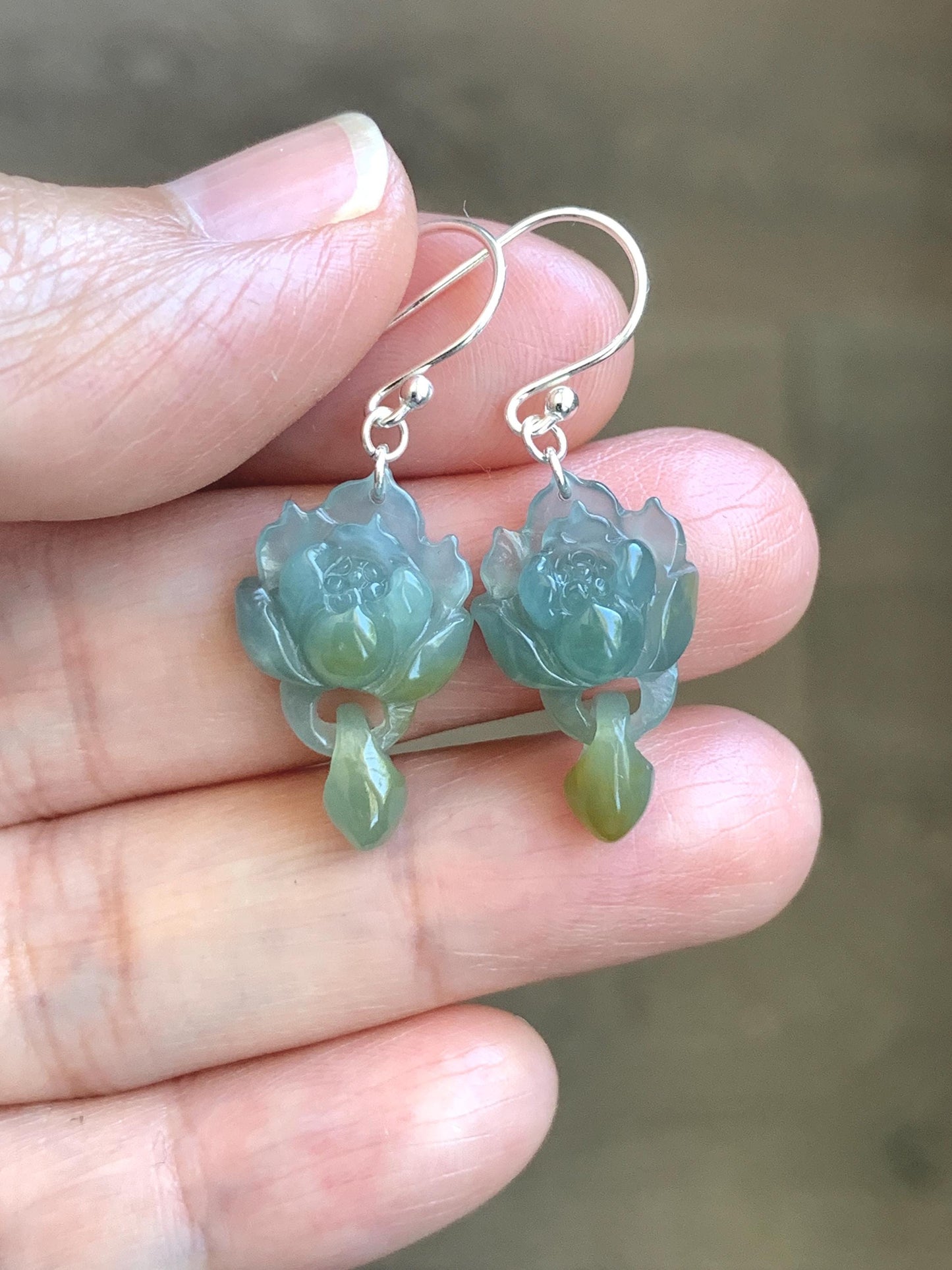 Natural Guatemalan Icy Translucent Light Blue Jadeite Lotus Flower w/ Interlocking Drops Dangle Earrings Sterling Silver 天然冰危蓝飘黄翡翠莲花环环相扣银耳钩