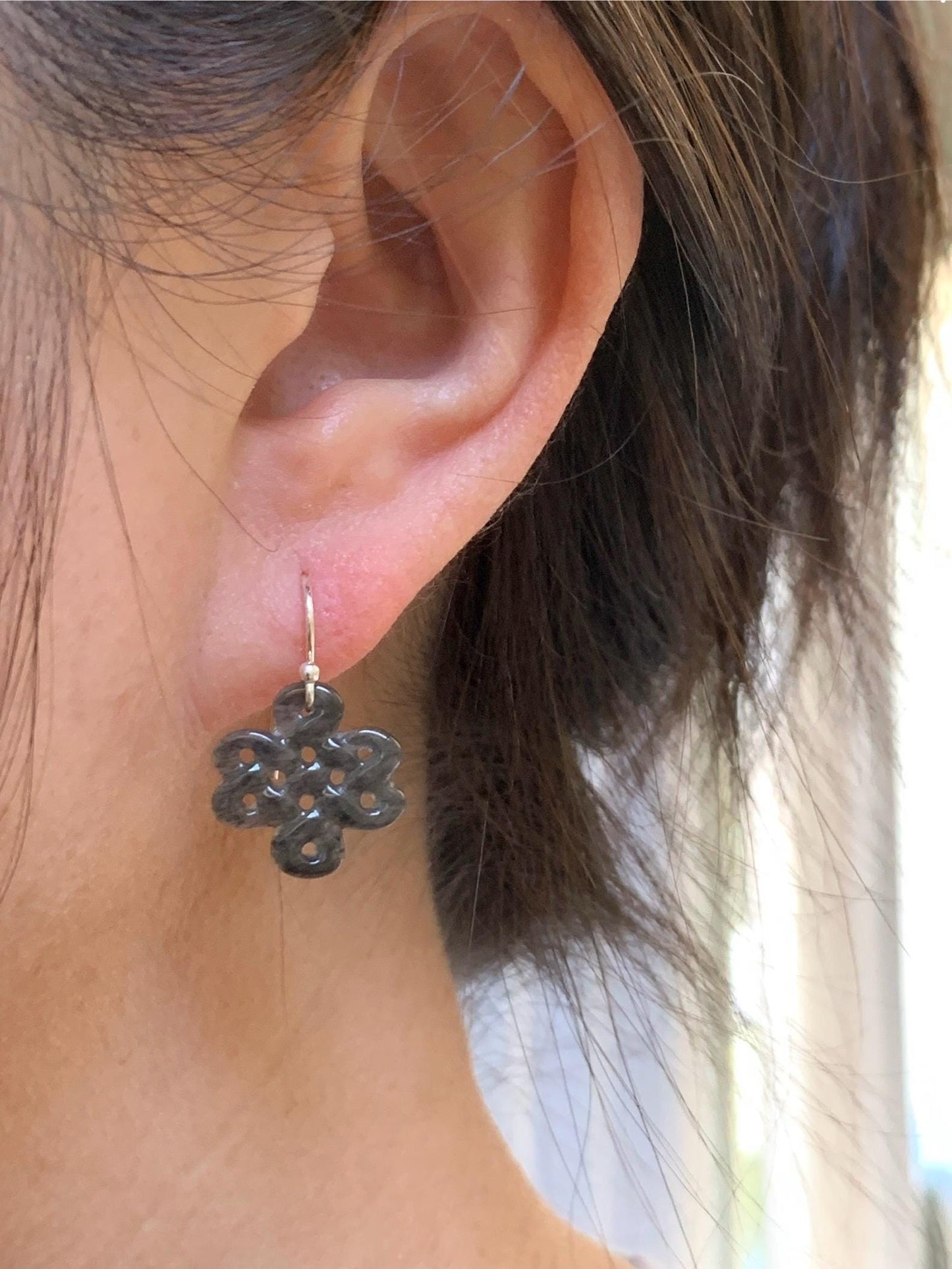 Natural Grade A Guatemalan Icy Highly Translucent Wuji Jadeite Carved Chinese Knot Dangle Earrings Sterling Silver 天然冰危乌鸡翡翠中国结银耳钩 WJJ55