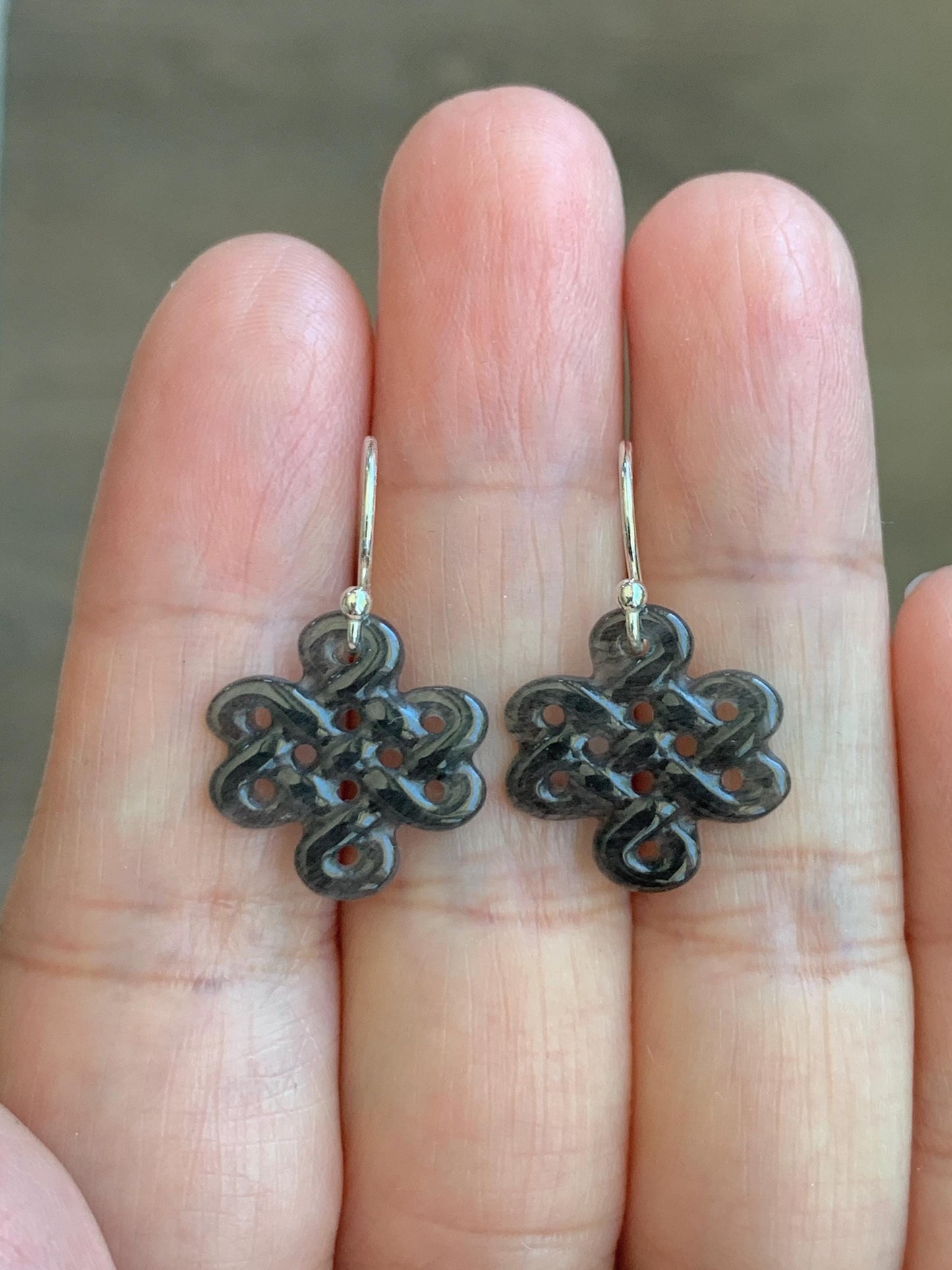 Natural Grade A Guatemalan Icy Highly Translucent Wuji Jadeite Carved Chinese Knot Dangle Earrings Sterling Silver 天然冰危乌鸡翡翠中国结银耳钩 WJJ55