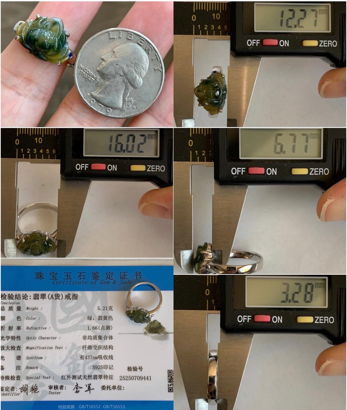 Certified Natural Grade A Icy Translucent Yellow Dark Blue Marbled Jadeite Lotus Flower Ring Sterling Silver Size 7.25 天然冰黄飘蓝花翡翠莲花镶嵌戒指 9441