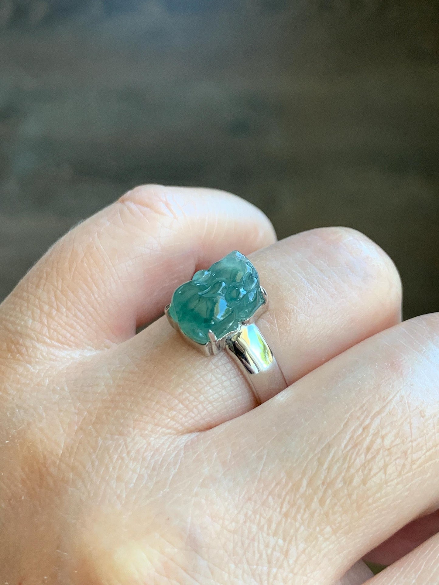 Certified Natural Grade A Guatemalan Icy Translucent Dusty Teal Green Jadeite Pixiu Ring Sterling Silver size 7 US 4.5g 天然冰胶危蓝绿翡翠貔貅银镶戒指 9447
