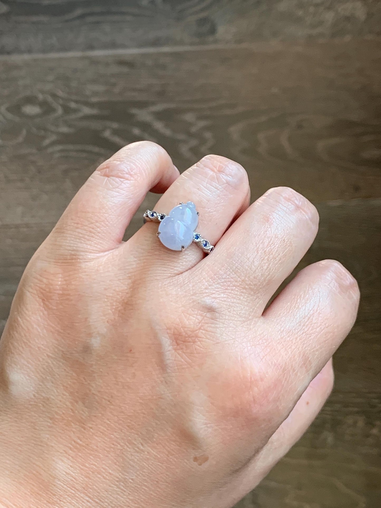 Certified Natural Grade A Icy Translucent Gelatinous Pastel Lavender Jadeite Gourd Hulu Ring Sterling Silver size 7 US 天然冰胶淡紫翡翠葫芦镶嵌戒指 9444