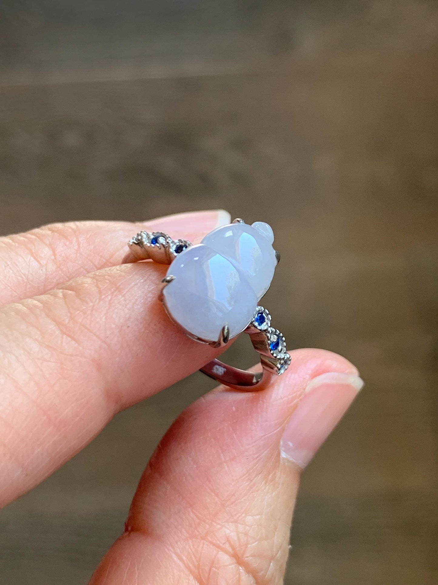 Certified Natural Grade A Icy Translucent Gelatinous Pastel Lavender Jadeite Gourd Hulu Ring Sterling Silver size 7 US 天然冰胶淡紫翡翠葫芦镶嵌戒指 9444
