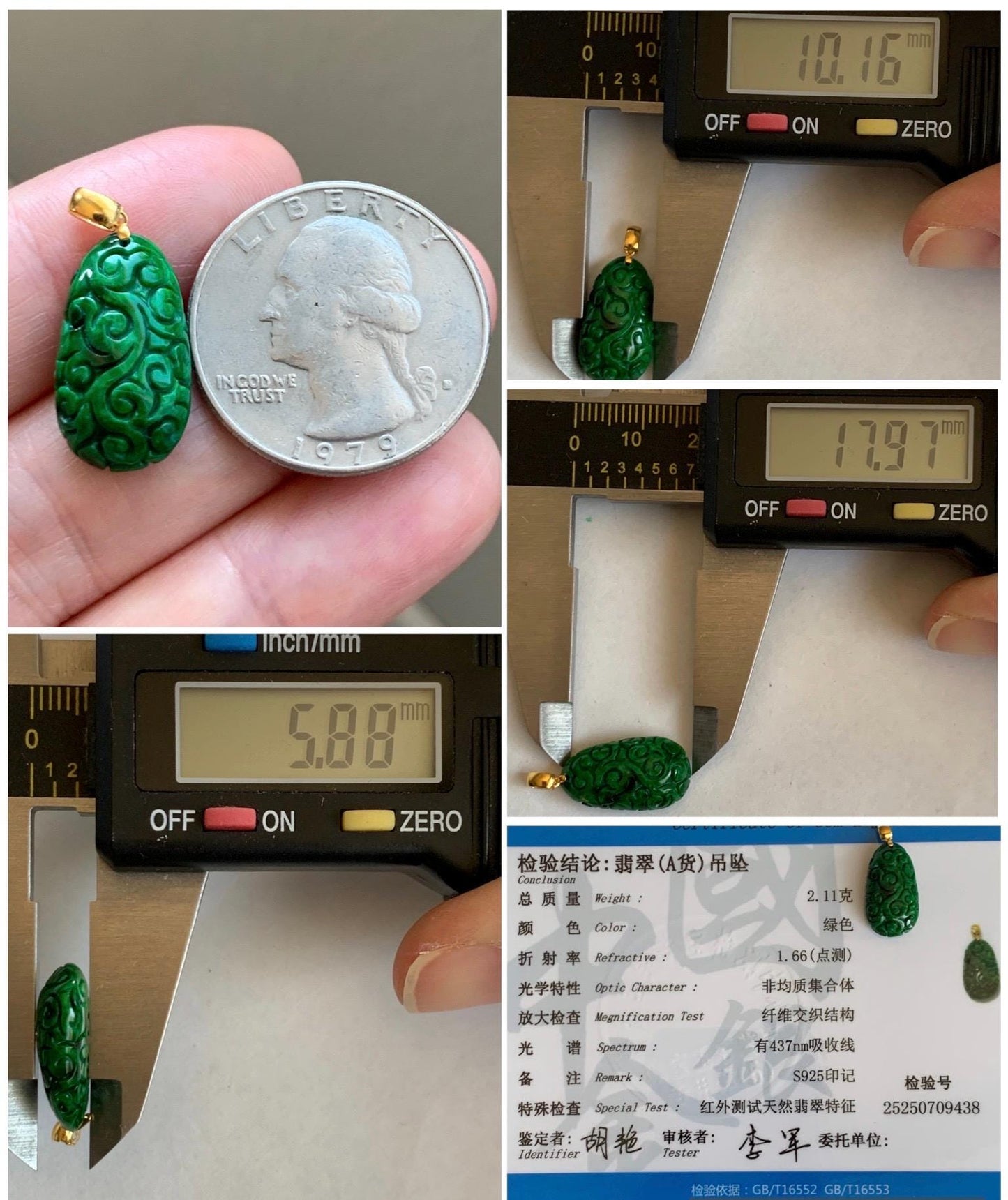 Certified Natural Grade A Icy Vibrant Hot Green Jade Jadeite Engraved Teardrop Pendant 18K Yellow Gold 2.11g 天然辣绿花青翡翠仿古雕水滴吊坠 9438