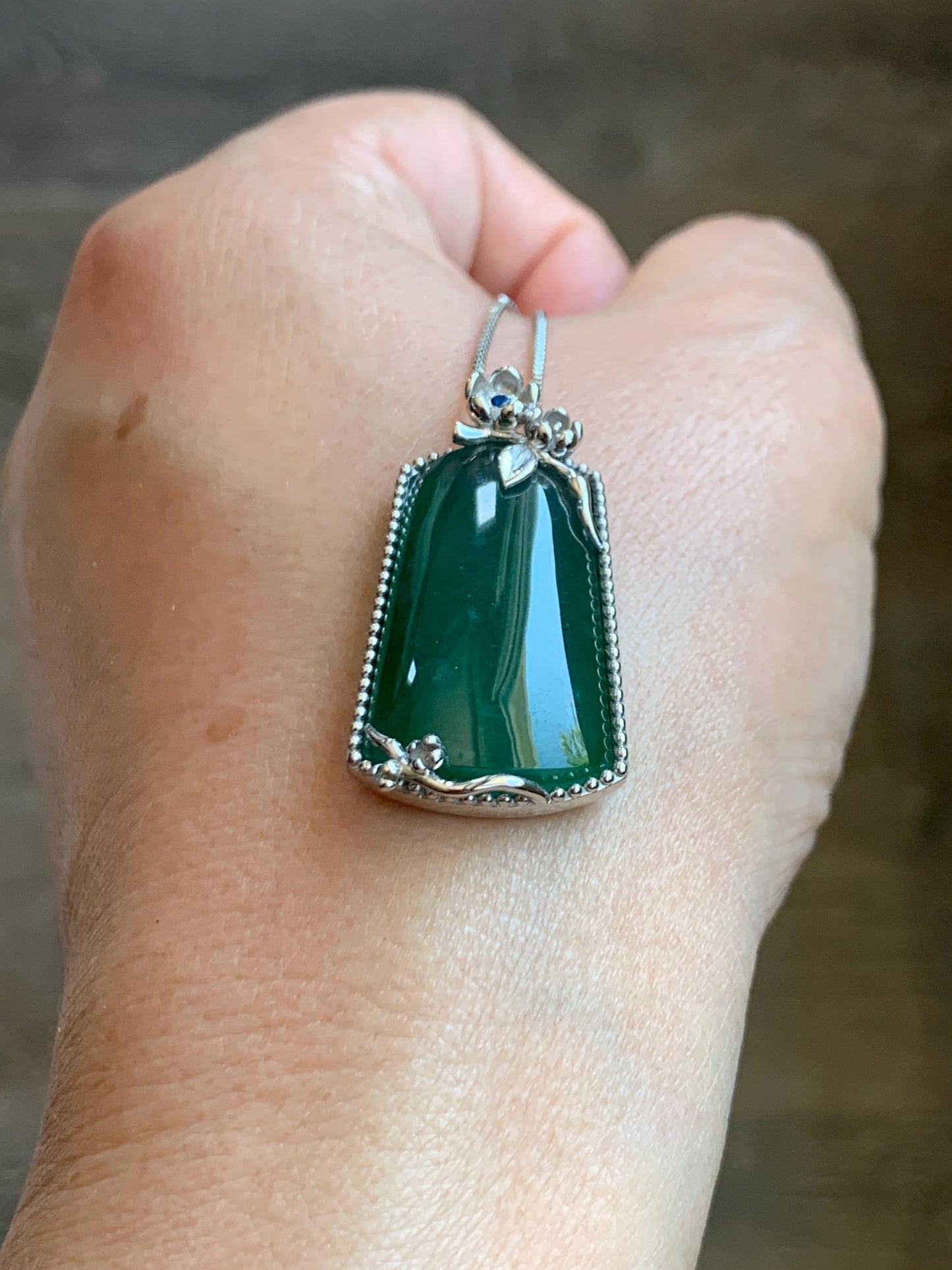 Certified Natural Grade A Guatemalan Icy Translucent Deep Teal Green Jade Jadeite Wu Shi Pai Pendant Sterling Silver 天然冰危深绿翡翠银镶无事牌吊坠 9459