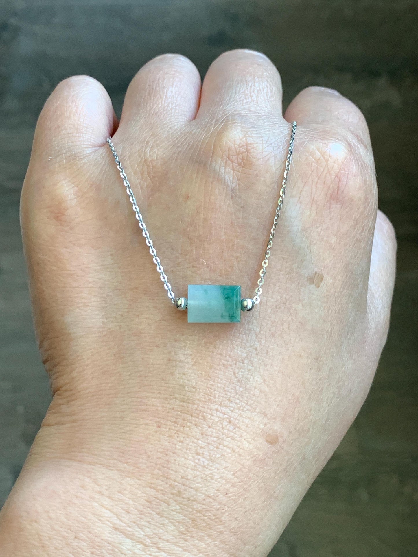 Natural Grade A Icy Translucent Light Green Marbled Jadeite Charm Sterling Silver Chain Bracelet adjustable 7.5” 天然冰晴飘花翡翠切割面方糖针式银手链 FTPH