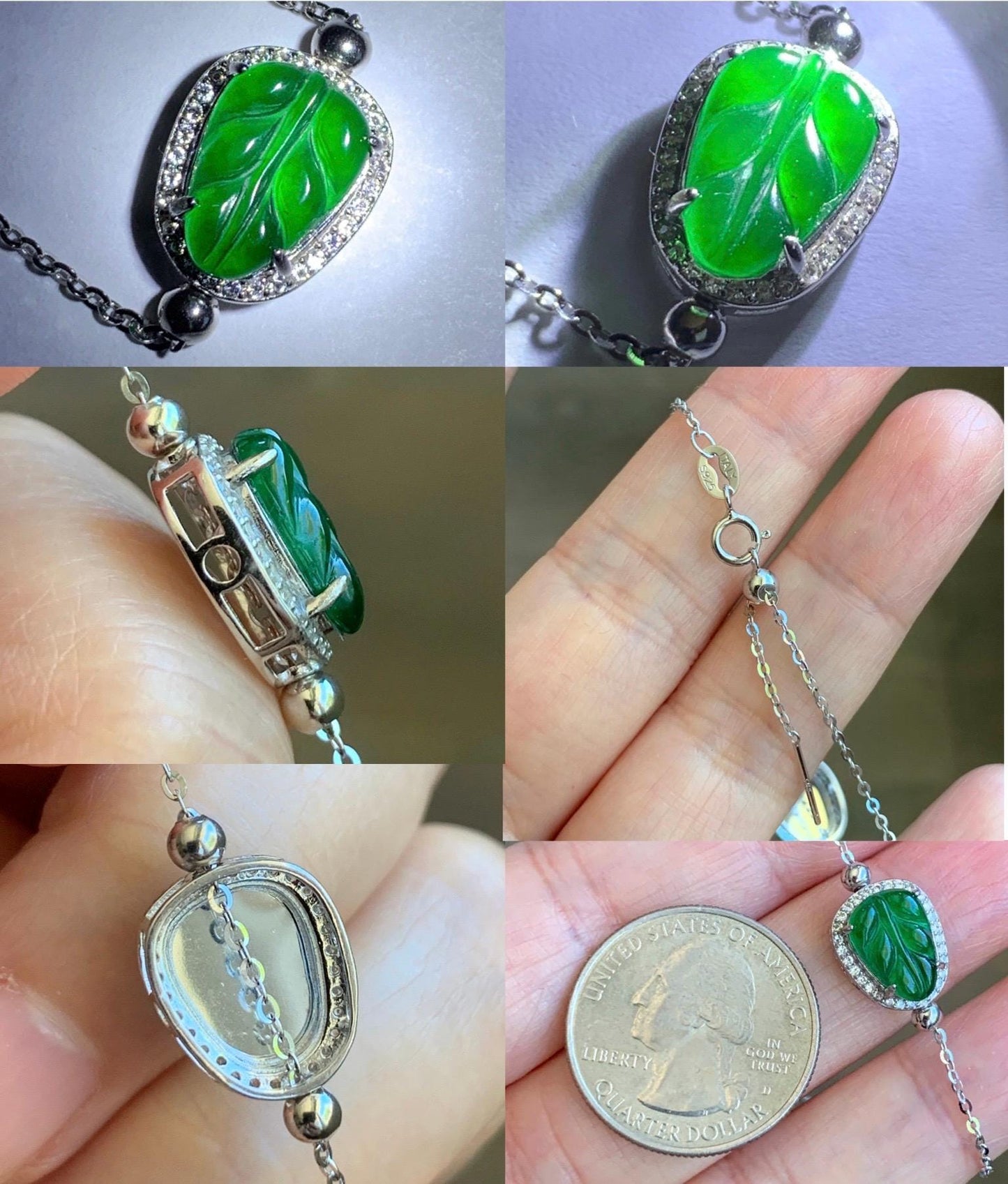 Natural Grade A Guatemalan Icy Translucent Vibrant Green Jadeite Leaf Charm Sterling Silver Chain Bracelet adjustable 天然冰危绿翡翠叶子针式银手链 LYPD
