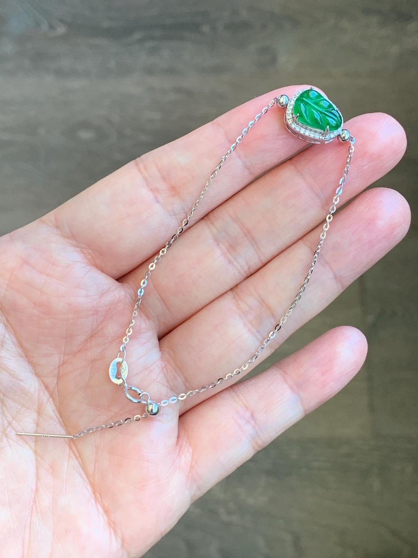 Natural Grade A Guatemalan Icy Translucent Vibrant Green Jadeite Leaf Charm Sterling Silver Chain Bracelet adjustable 天然冰危绿翡翠叶子针式银手链 LYPD