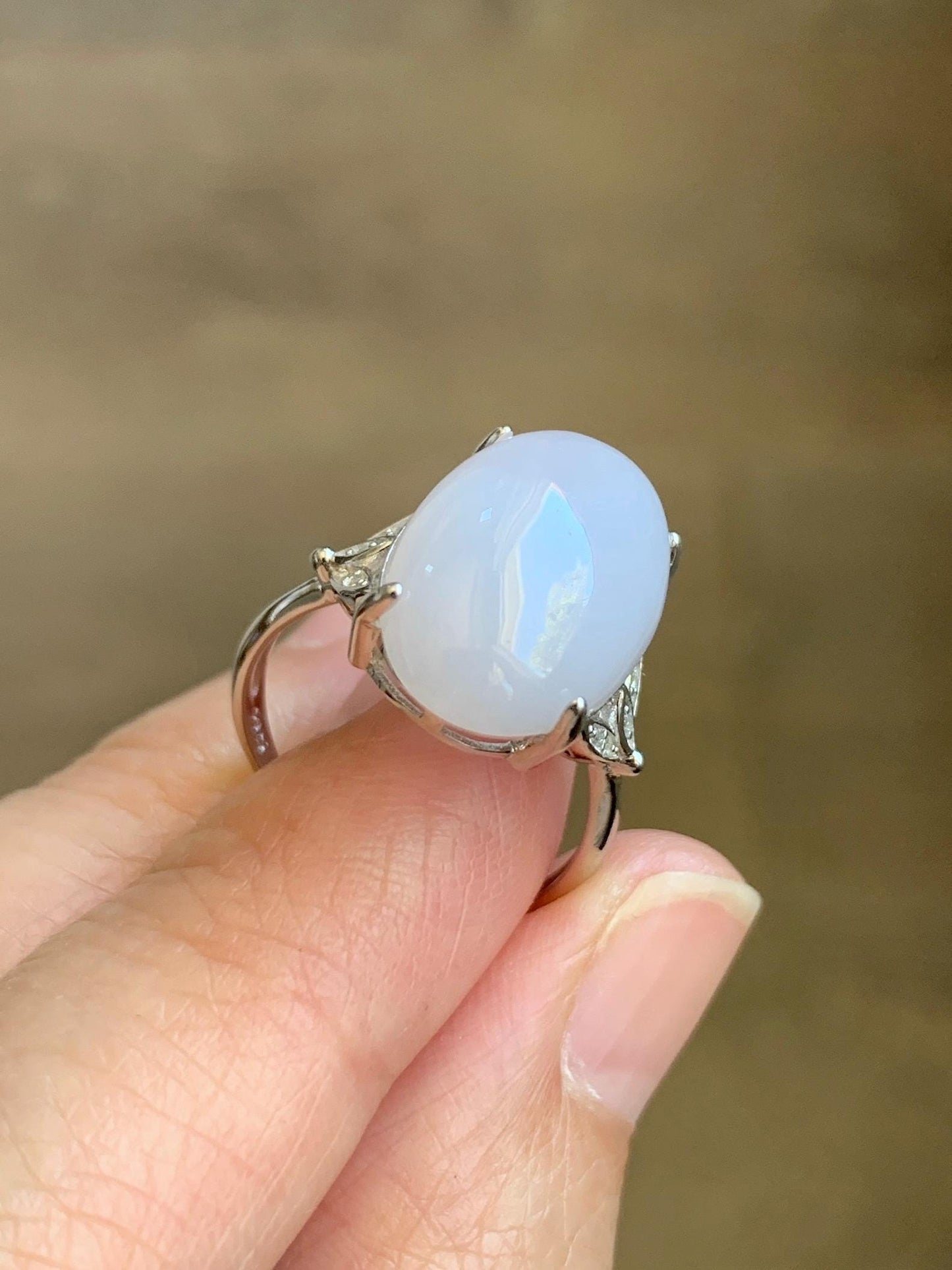Natural Grade A Icy Translucent Pastel Purple Undertone Jadeite Oval Cabochon Ring Sterling Silver Size Adjustable 天然冰淡紫底翡翠大蛋面银镶戒指 DDZ-D