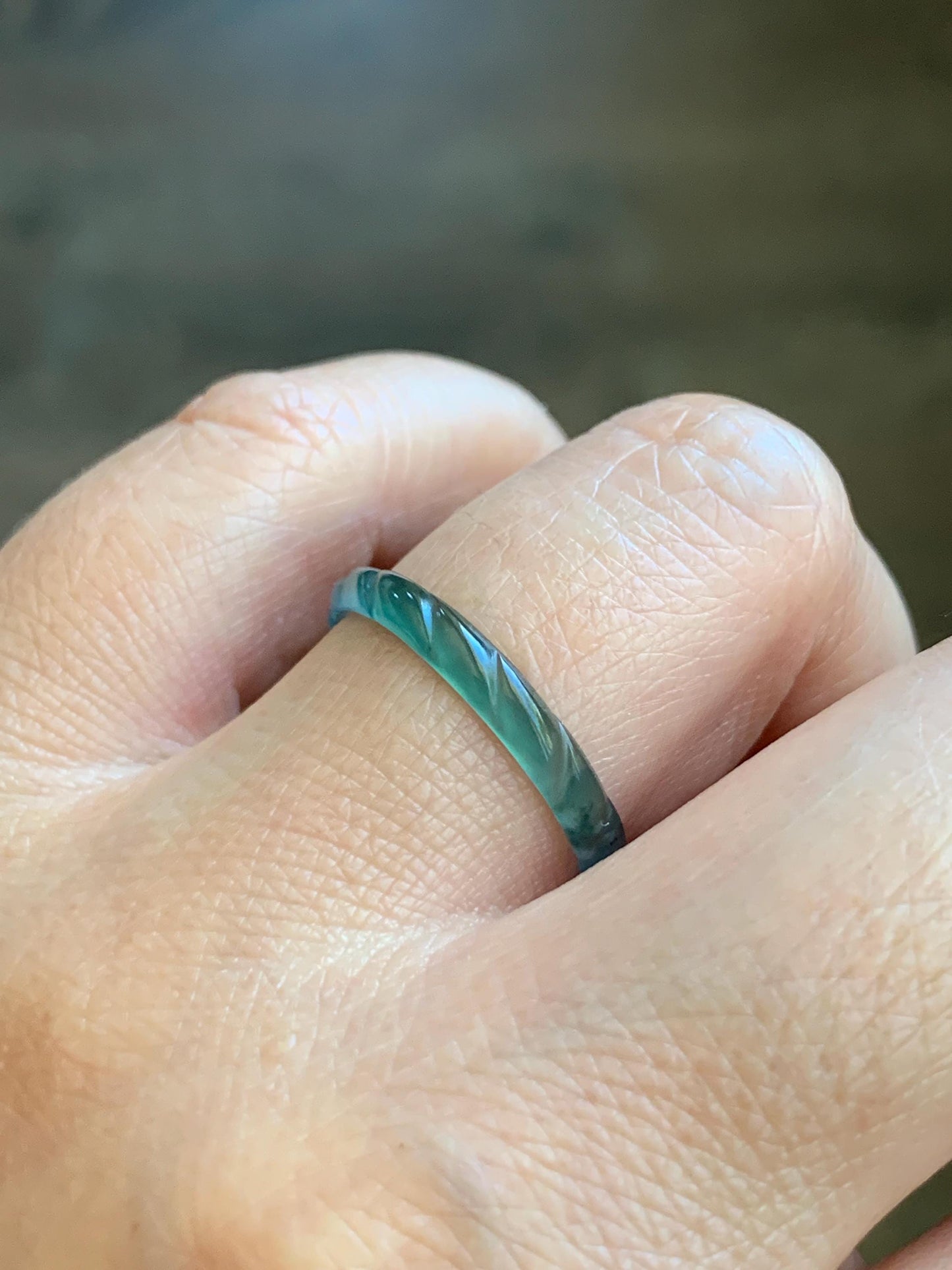 Natural Grade A Guatemalan Icy Highly Translucent Dark Teal Green Jade Jadeite Carved Braid Band Ring Size 9 US 天然冰危深蓝绿翡翠麻花戒圈 MHJ55B