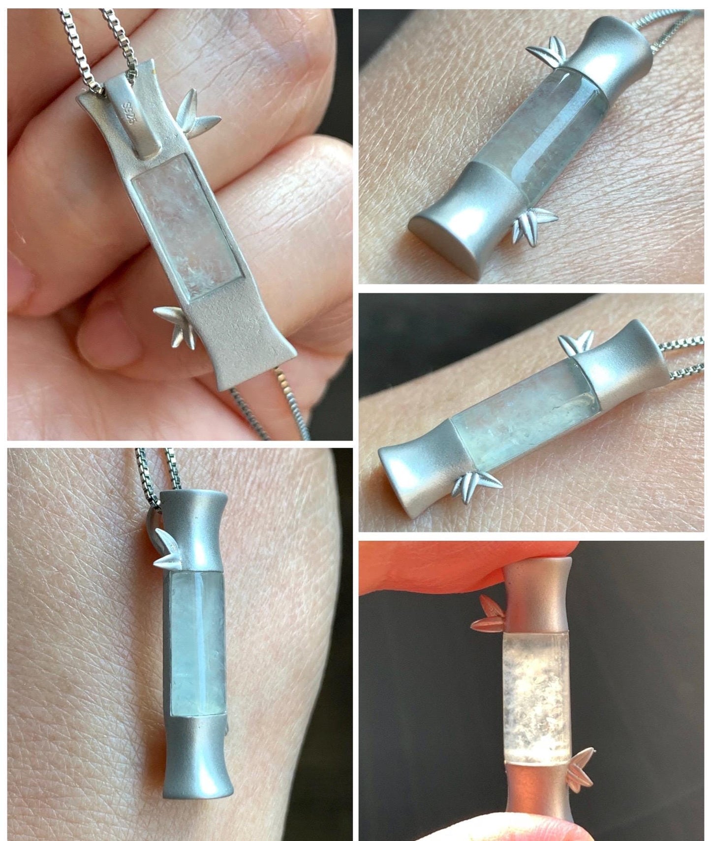 Certified Natural Grade A Icy Highly Translucent Gelatinous White Jadeite Bamboo Stalk Pendant Sterling Silver 4.84g 天然白冰胶翡翠竹节手工镶嵌吊坠 7059