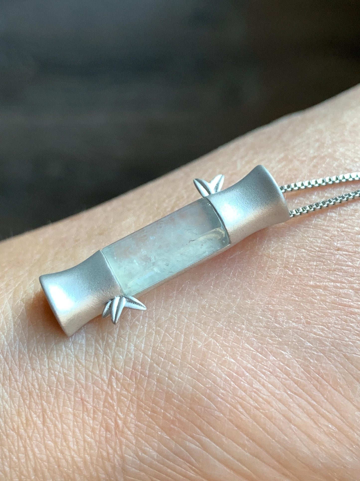 Certified Natural Grade A Icy Highly Translucent Gelatinous White Jadeite Bamboo Stalk Pendant Sterling Silver 4.84g 天然白冰胶翡翠竹节手工镶嵌吊坠 7059