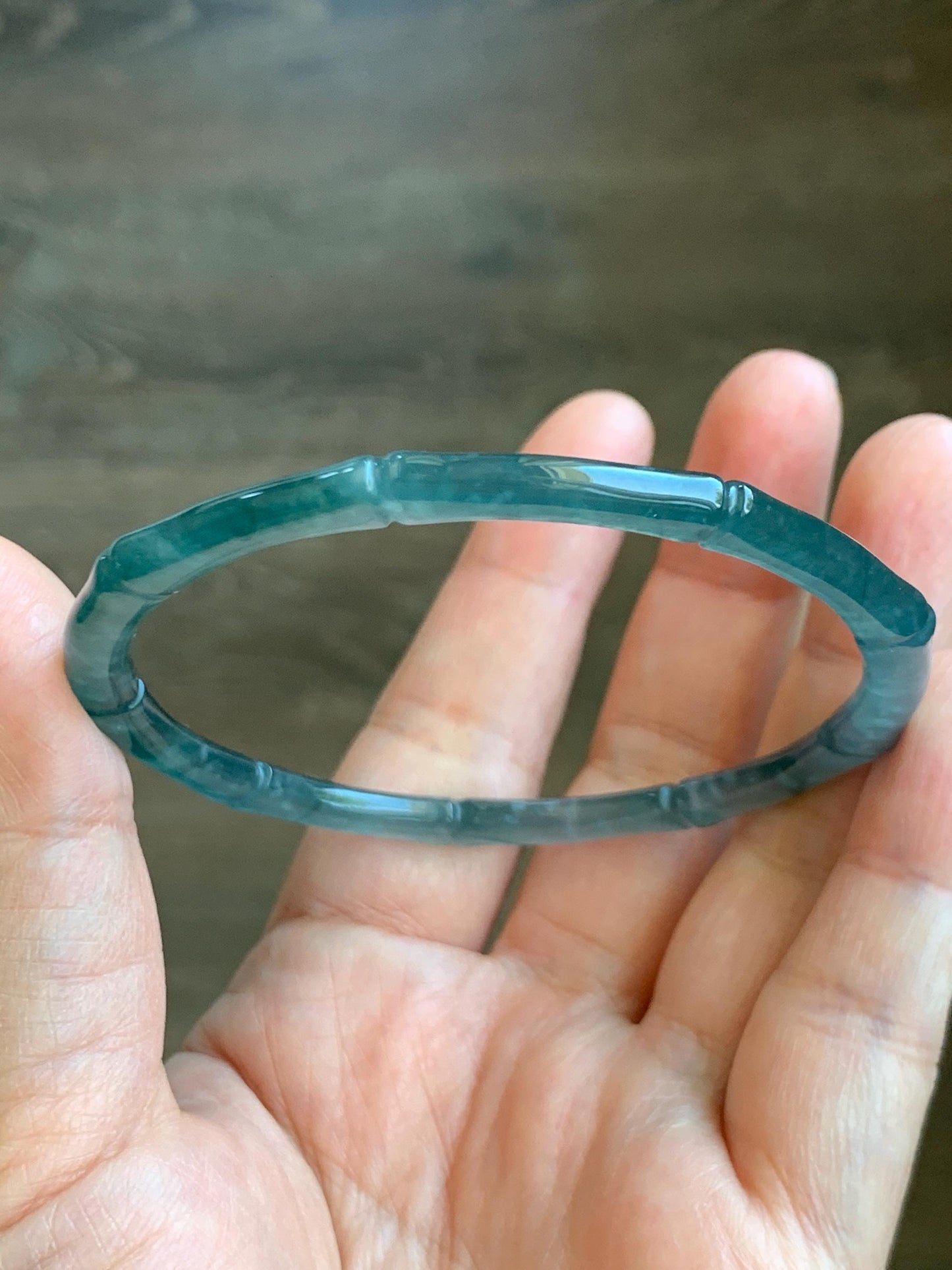 Certified Natural Guatemalan Icy Translucent Gelatinous Teal Blue Jadeite Carved Bamboo Bangle Bracelet 60mm 7.4” 13g 天然冰危篮绿翡翠竹节手镯 9416
