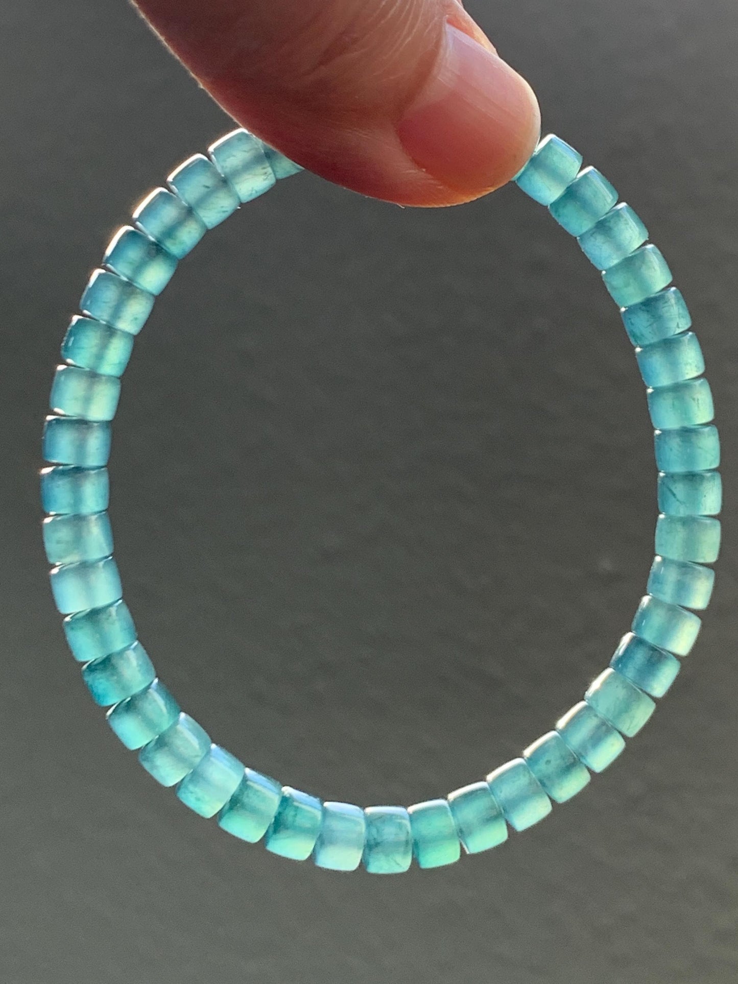 Natural Guatemalan Icy Highly Translucent Gelatinous Teal Blue Jade Jadeite Flat Barrel Beads Beaded Bracelet 7.25” 14g 天然冰危篮翡翠桶珠手串 WLPZ320