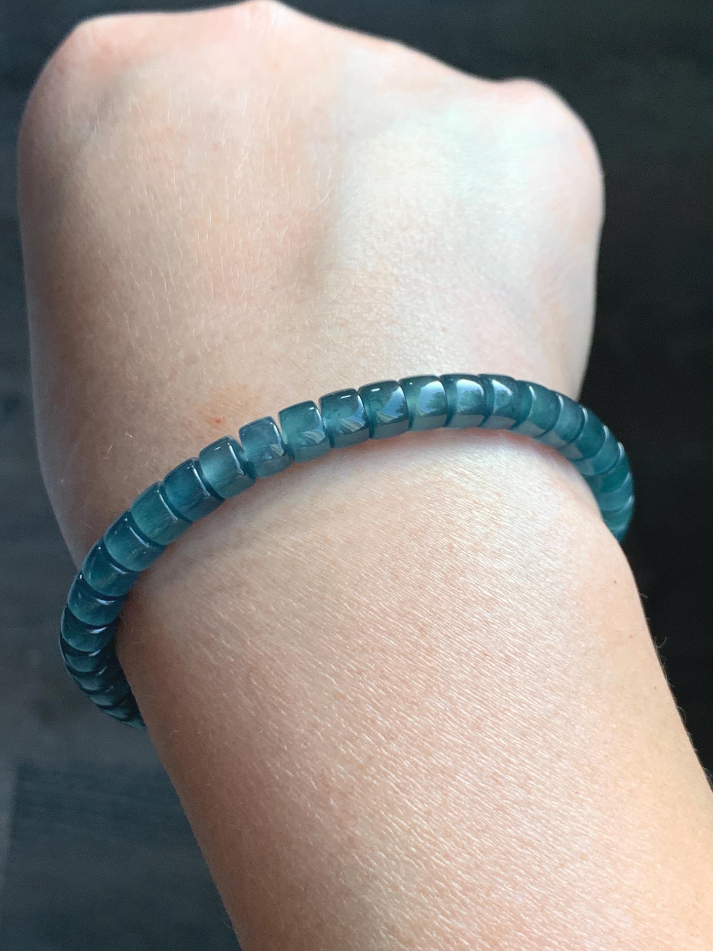 Natural Guatemalan Icy Highly Translucent Gelatinous Teal Blue Jade Jadeite Flat Barrel Beads Beaded Bracelet 7.25” 14g 天然冰危篮翡翠桶珠手串 WLPZ320