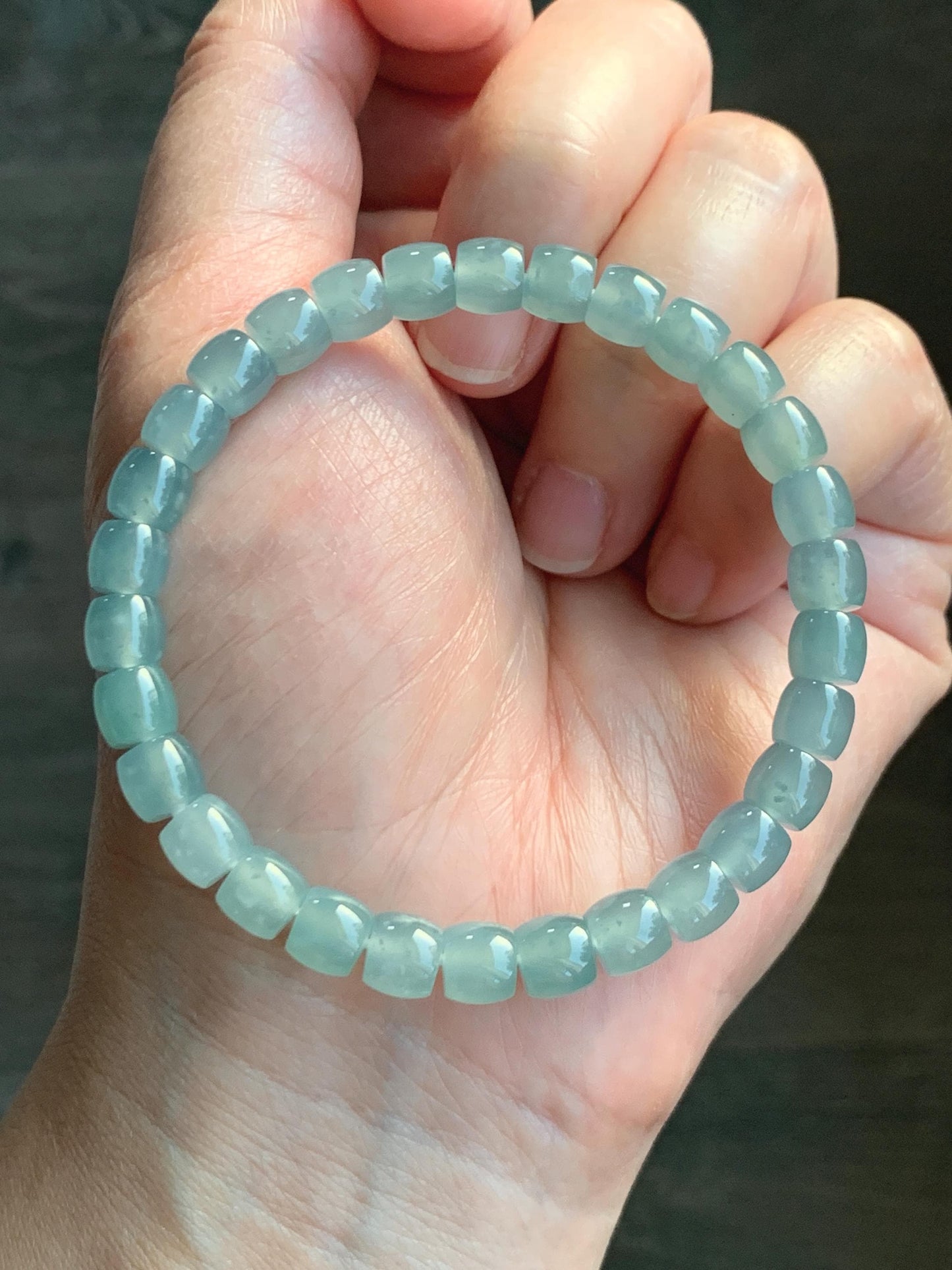 Natural Grade A Guatemalan Icy Highly Translucent Pastel Green Jadeite Barrel Beads Beaded Bracelet 7.25” 19g 天然冰胶危淡晴绿翡翠桶珠手串 DLUW220