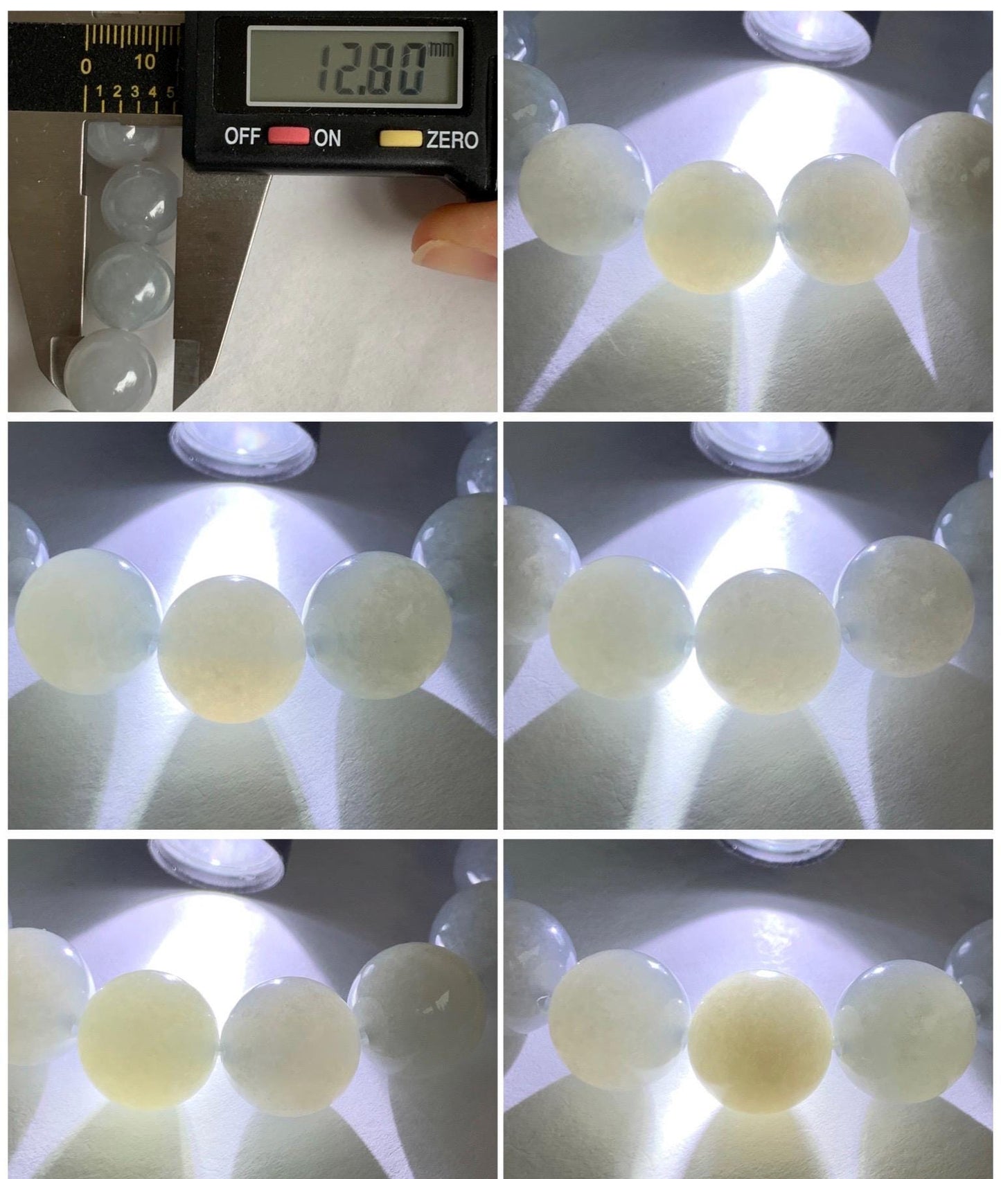 Natural Grade A Icy Highly Translucent Gelatinous Wuji Jade Jadeite Large Beads Beaded Bracelet 12.8mm 7.5" 57g 天然大卡冰胶白乌鸡翡翠手串 BJMW350