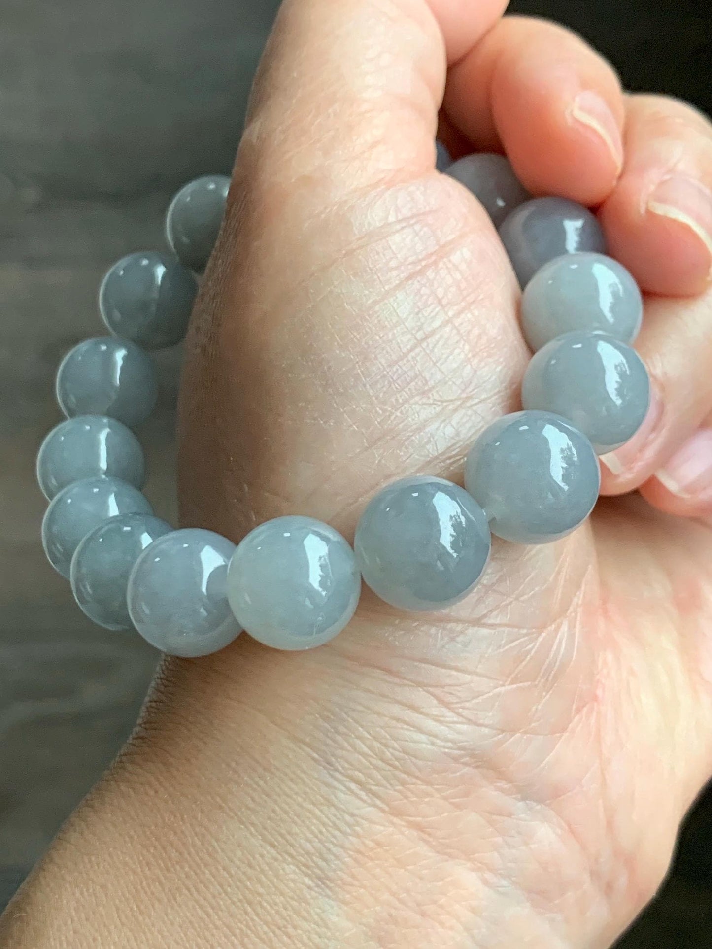 Natural Grade A Icy Highly Translucent Gelatinous Wuji Jade Jadeite Large Beads Beaded Bracelet 12.8mm 7.5" 57g 天然大卡冰胶白乌鸡翡翠手串 BJMW350