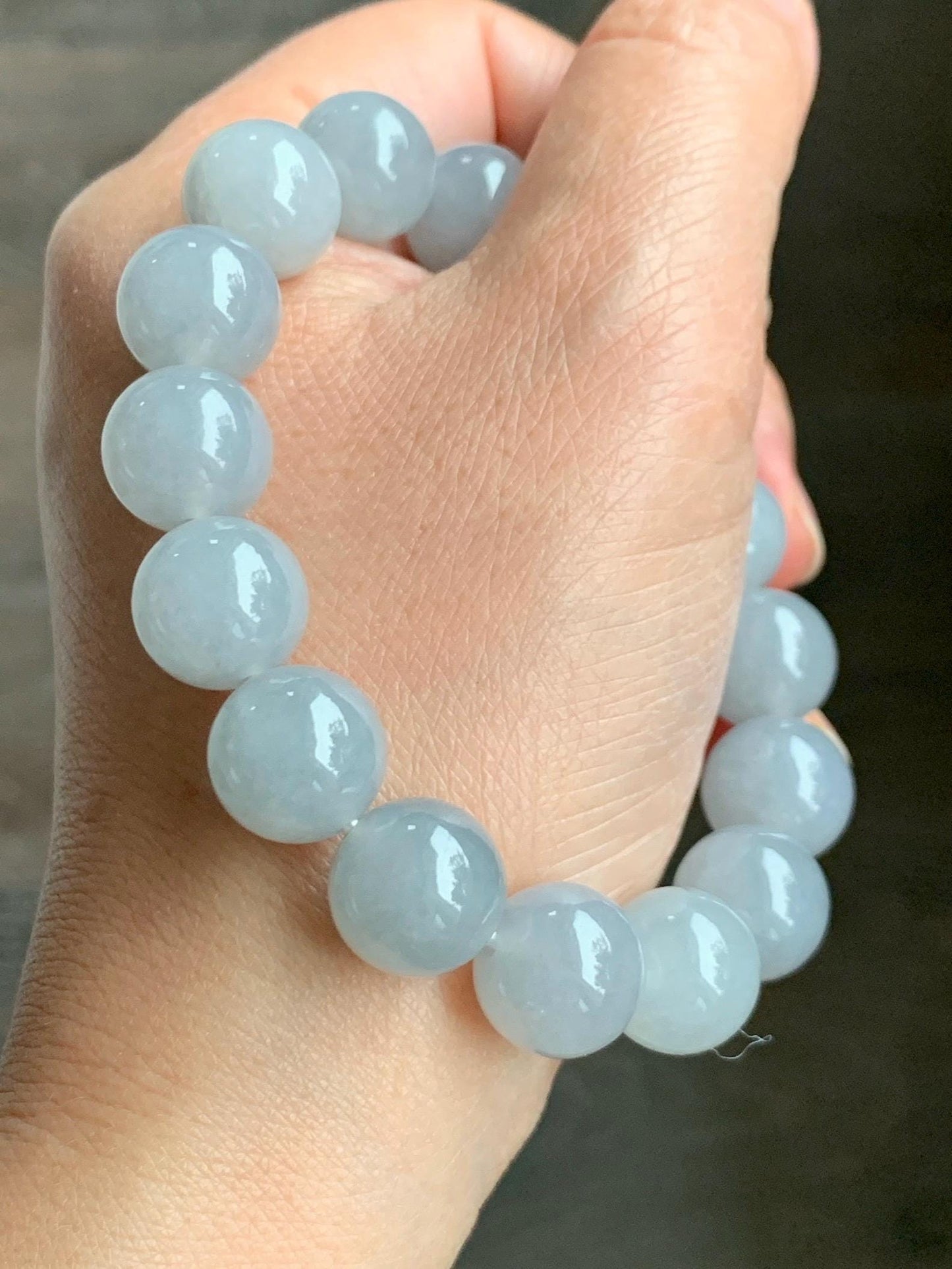 Natural Grade A Icy Highly Translucent Gelatinous Wuji Jade Jadeite Large Beads Beaded Bracelet 12.8mm 7.5" 57g 天然大卡冰胶白乌鸡翡翠手串 BJMW350
