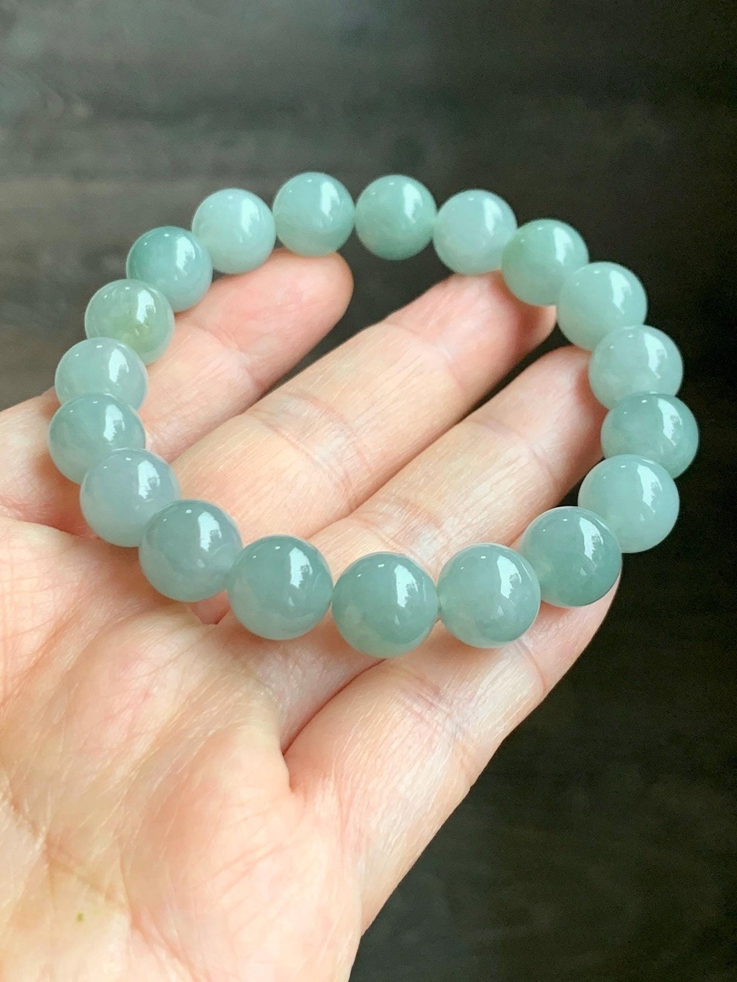 Natural Grade A Icy Translucent Gelatinous Dusty Teal Blue Green Jade Jadeite Beaded Bracelet 10.5mm 7.25" 38g 天然冰胶淡晴色翡翠手串 MLL330