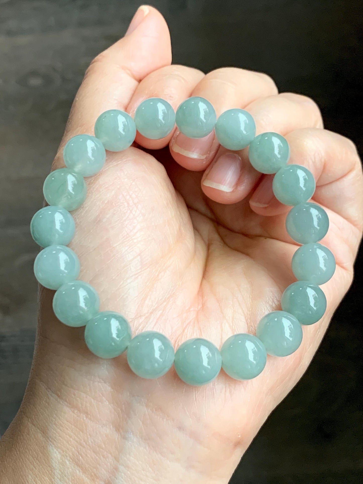 Natural Grade A Icy Translucent Gelatinous Dusty Teal Blue Green Jade Jadeite Beaded Bracelet 10.5mm 7.25" 38g 天然冰胶淡晴色翡翠手串 MLL330