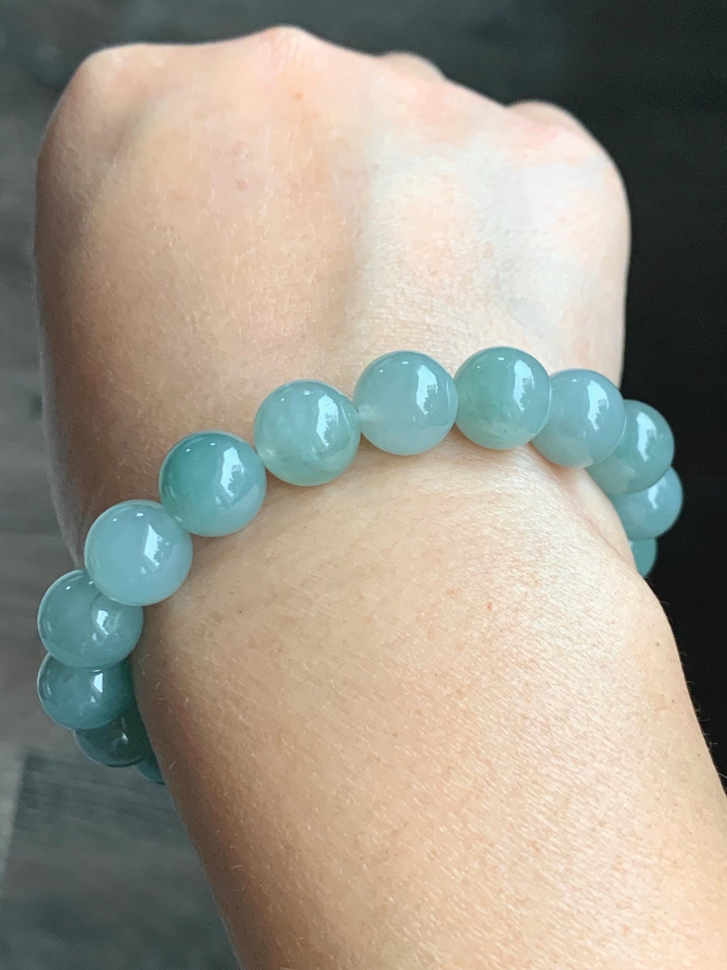 Natural Grade A Icy Translucent Gelatinous Dusty Teal Blue Green Jade Jadeite Beaded Bracelet 10.5mm 7.25" 38g 天然冰胶淡晴色翡翠手串 MLL330