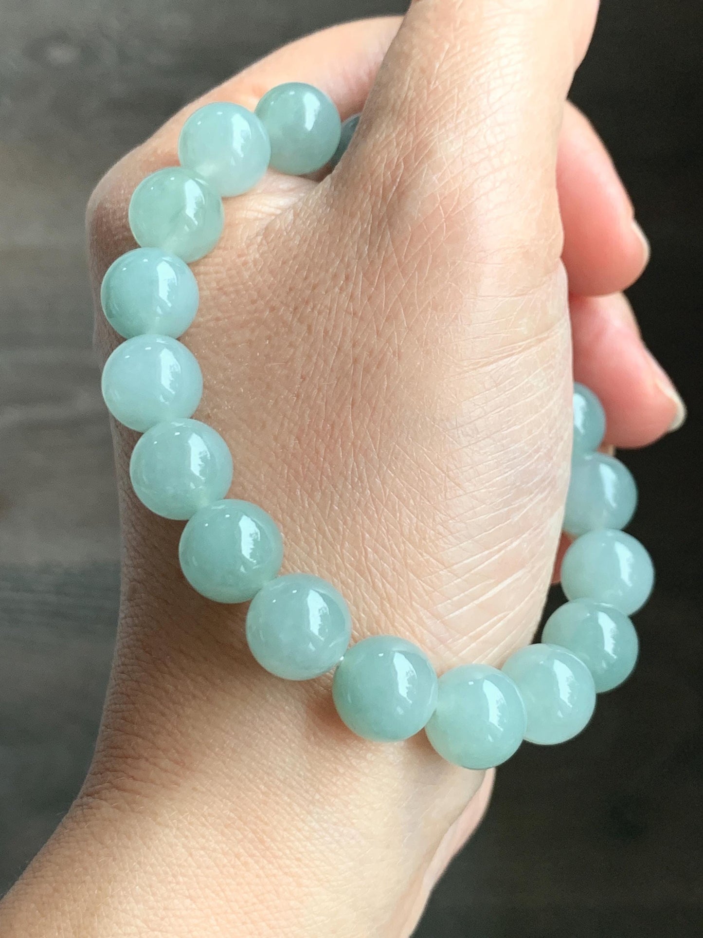 Natural Grade A Icy Translucent Gelatinous Dusty Teal Blue Green Jade Jadeite Beaded Bracelet 10.5mm 7.25" 38g 天然冰胶淡晴色翡翠手串 MLL330
