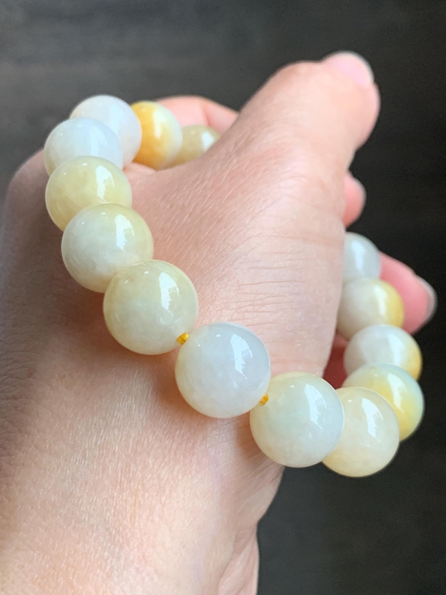 Natural Grade A Icy Translucent White & Bright Yellow Marbled Jade Jadeite Large Beads Beaded Bracelet 12.4mm 7.25" 54g 天然冰飘黄翡翠大卡圆珠手串 MPH330