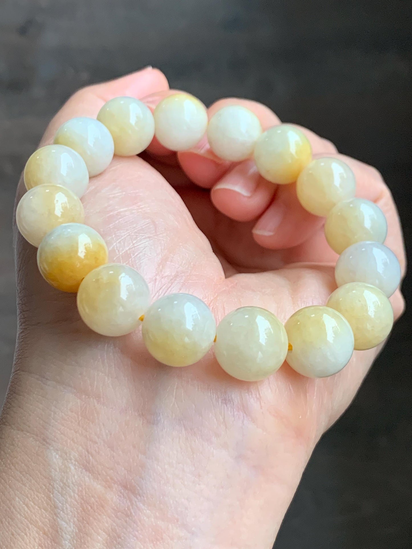 Natural Grade A Icy Translucent White & Bright Yellow Marbled Jade Jadeite Large Beads Beaded Bracelet 12.4mm 7.25" 54g 天然冰飘黄翡翠大卡圆珠手串 MPH330