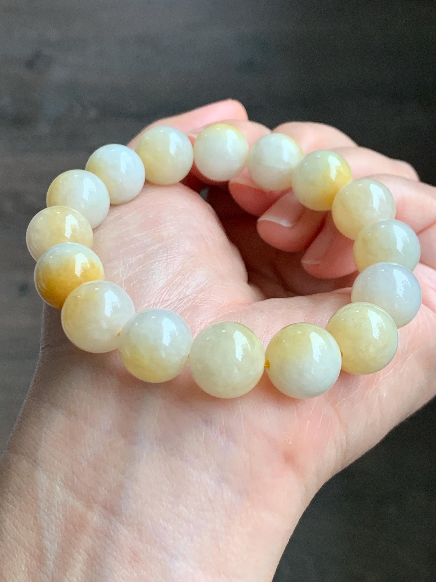 Natural Grade A Icy Translucent White & Bright Yellow Marbled Jade Jadeite Large Beads Beaded Bracelet 12.4mm 7.25" 54g 天然冰飘黄翡翠大卡圆珠手串 MPH330