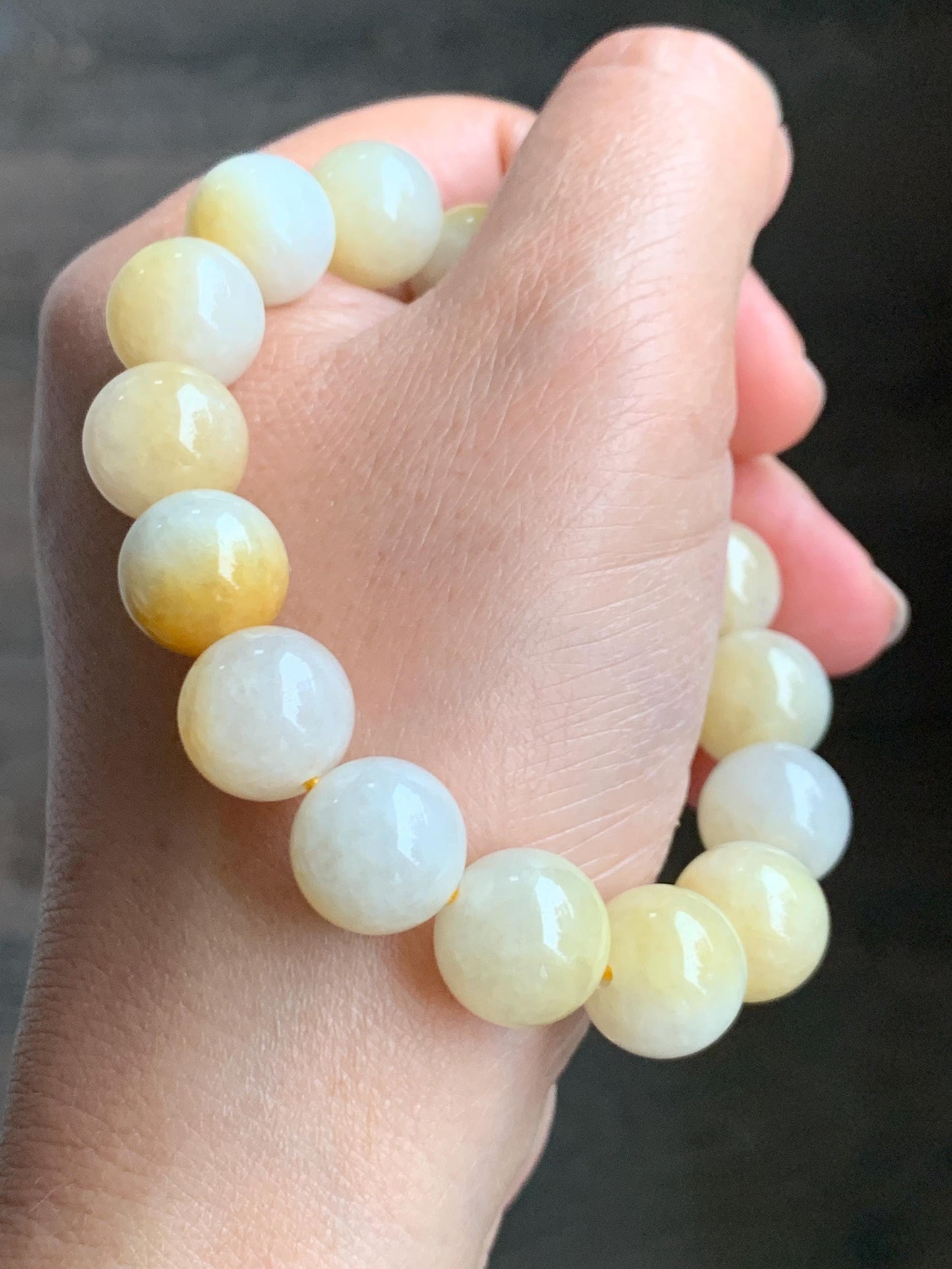 Natural Grade A Icy Translucent White & Bright Yellow Marbled Jade Jadeite Large Beads Beaded Bracelet 12.4mm 7.25" 54g 天然冰飘黄翡翠大卡圆珠手串 MPH330