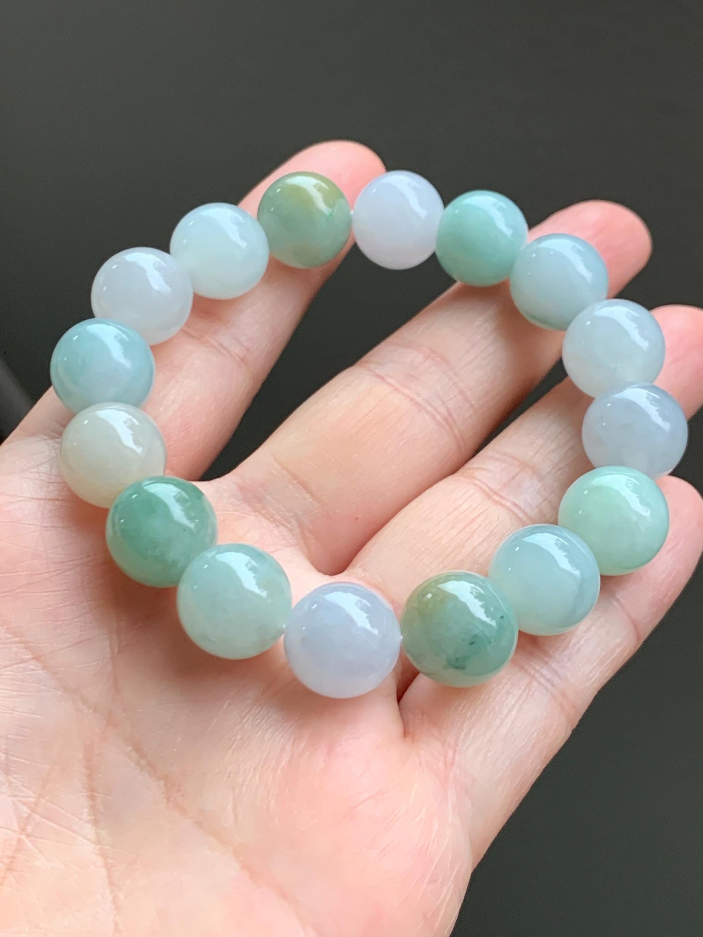 Natural Grade A Icy Translucent Gelatinous Multicolored Jade Jadeite Large Beads Beaded Bracelet 11.8mm 6.75" 47g 天然冰胶多宝翡翠大卡圆珠手串 DMB220