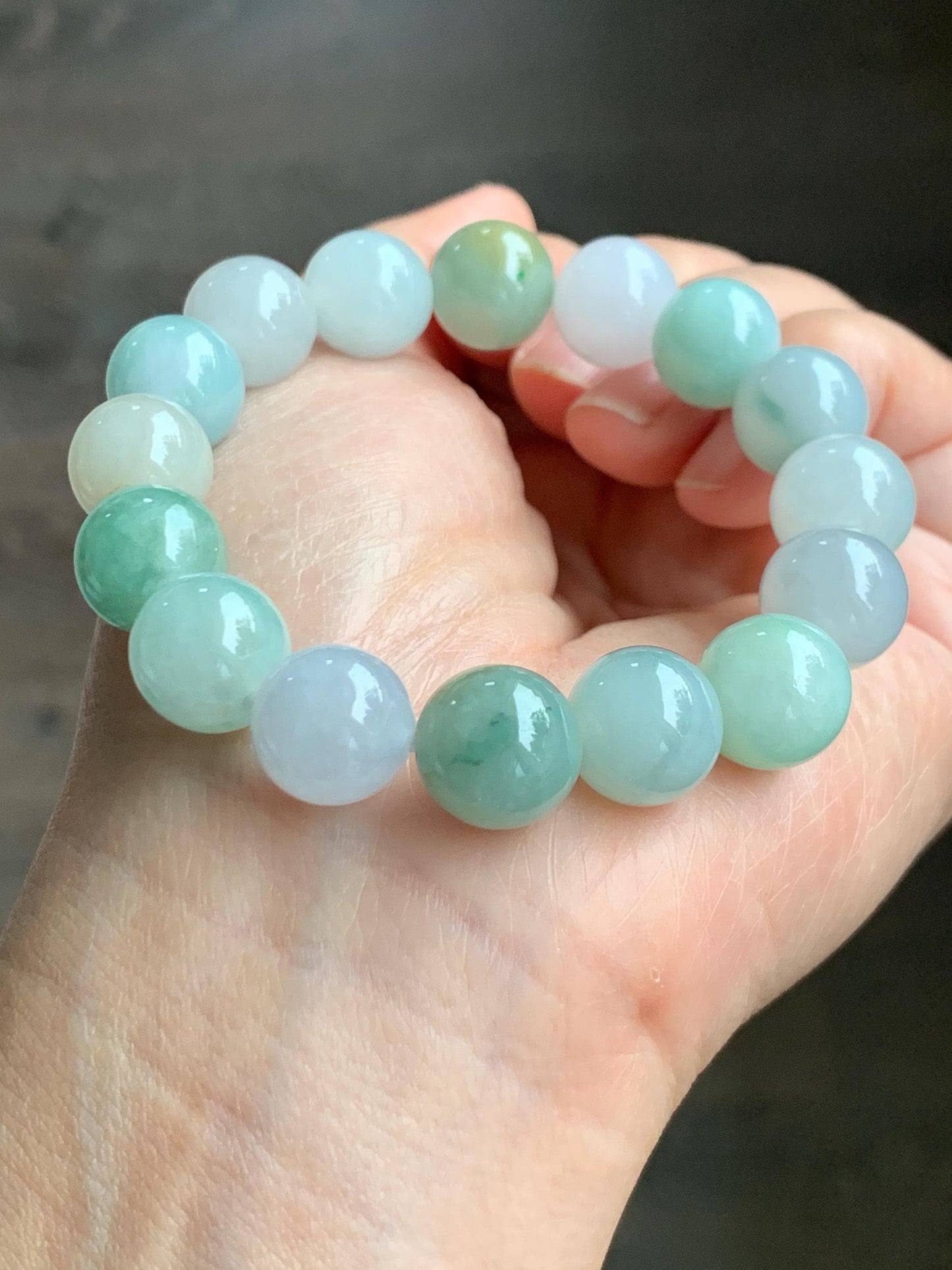Natural Grade A Icy Translucent Gelatinous Multicolored Jade Jadeite Large Beads Beaded Bracelet 11.8mm 6.75" 47g 天然冰胶多宝翡翠大卡圆珠手串 DMB220