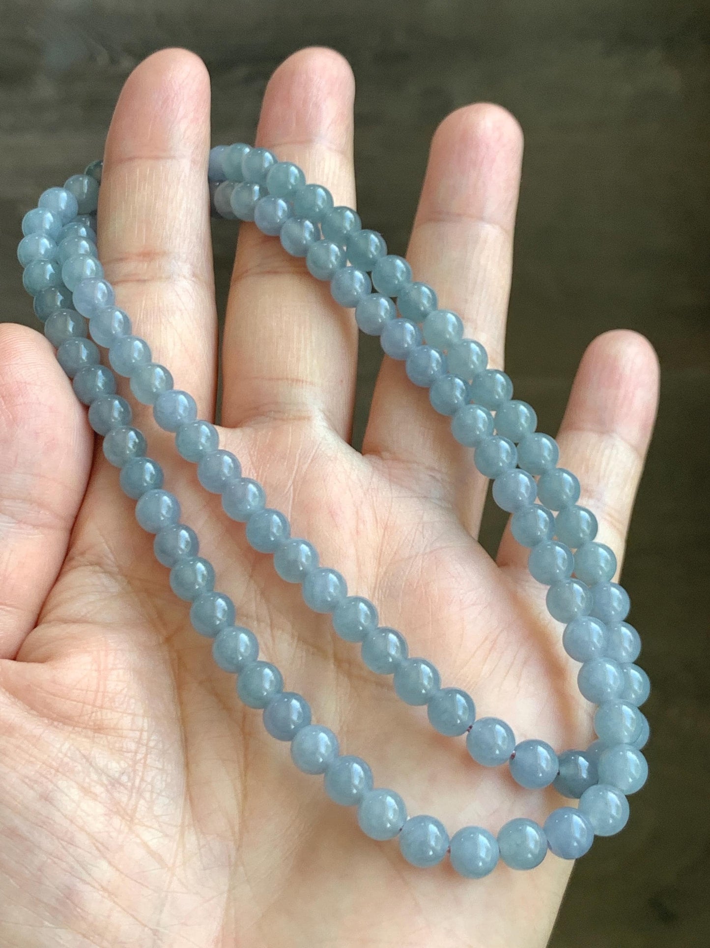 Certified Grade A Natural Guatemalan Icy Highly Translucent Light Pastel Blue Jadeite Beaded Necklace 21.5” 33.22g 天然高冰起光淡蓝紫翡翠圆珠长串项链 7819