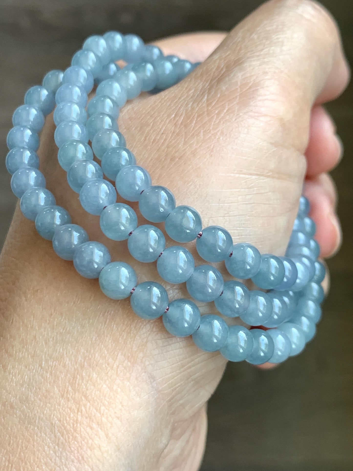 Certified Grade A Natural Guatemalan Icy Highly Translucent Light Pastel Blue Jadeite Beaded Necklace 21.5” 33.22g 天然高冰起光淡蓝紫翡翠圆珠长串项链 7819