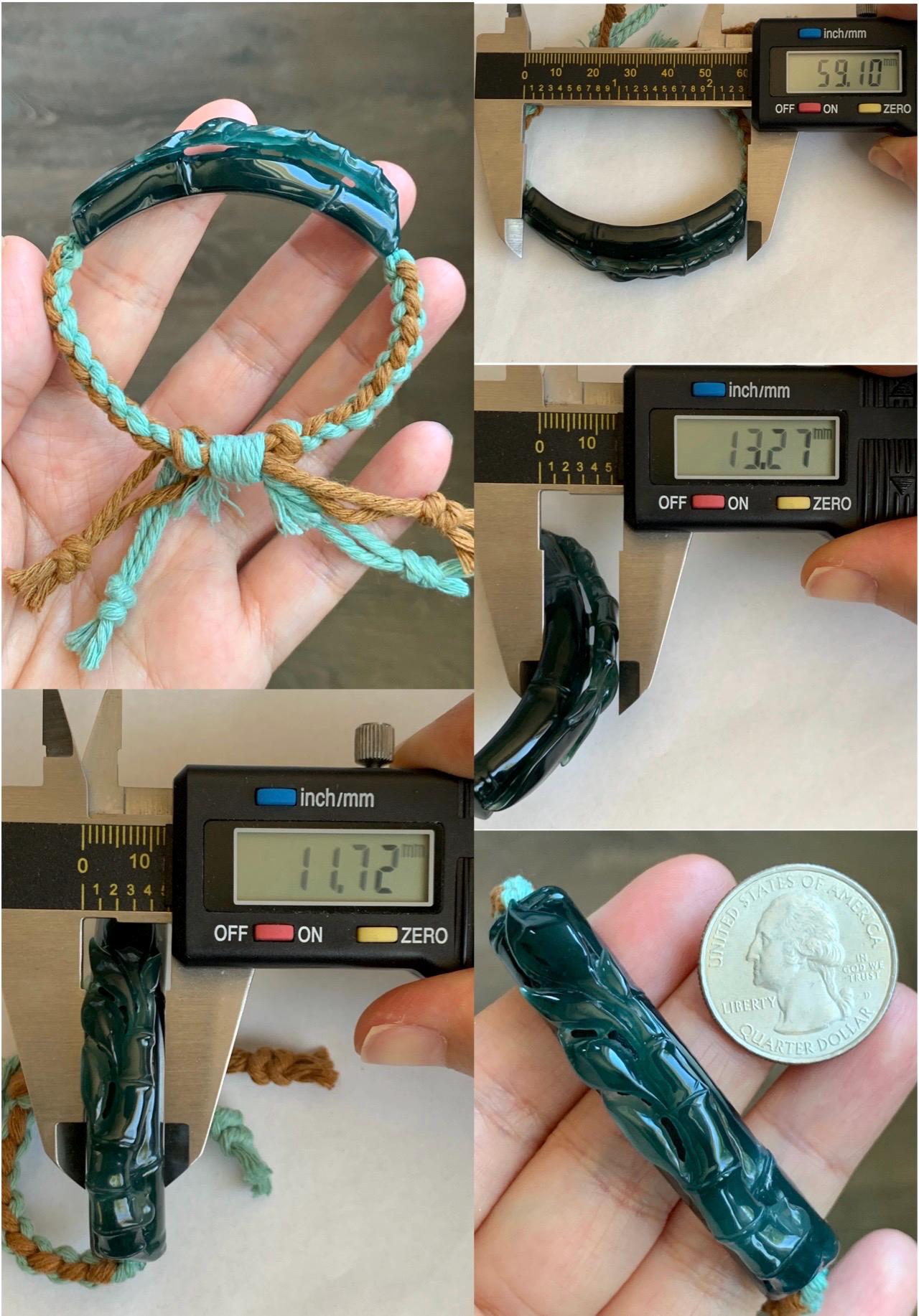 Natural Grade A Guatemalan Icy Translucent Gelatinous Dark Teal Green Jadeite Bamboo Cuff Rope Bracelet 7” 23g 天然冰胶老种危湖水绿翡翠竹节手牌手绳 ZJS255