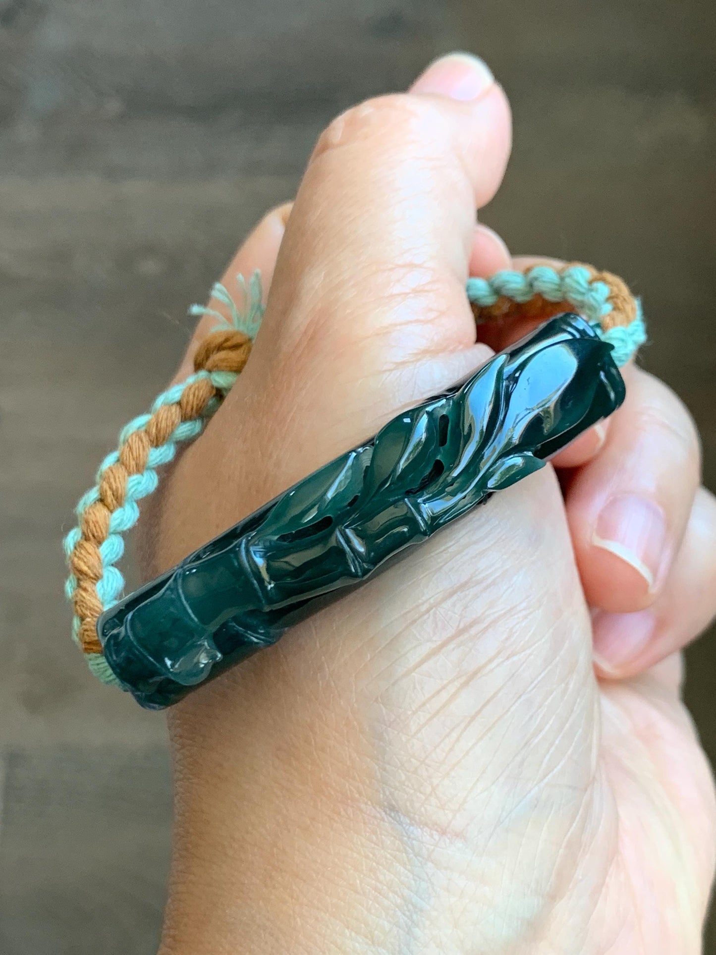 Natural Grade A Guatemalan Icy Translucent Gelatinous Dark Teal Green Jadeite Bamboo Cuff Rope Bracelet 7” 23g 天然冰胶老种危湖水绿翡翠竹节手牌手绳 ZJS255