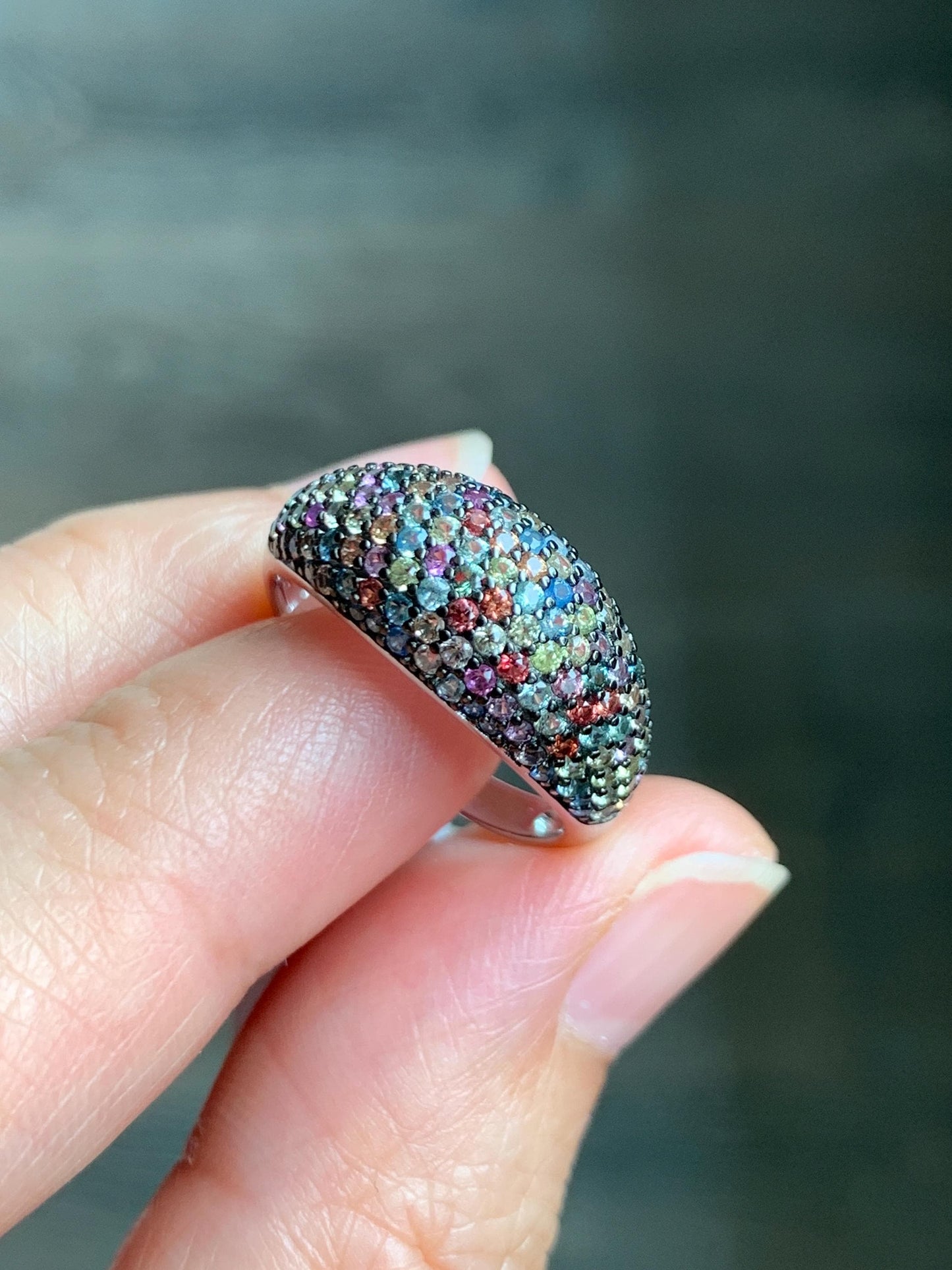 Natural Genuine Sapphire Multicolored Rainbow Sapphire Cluster Dome Ring S925 Sterling Silver Size 7 US 4g Sapphire Band Ring 858