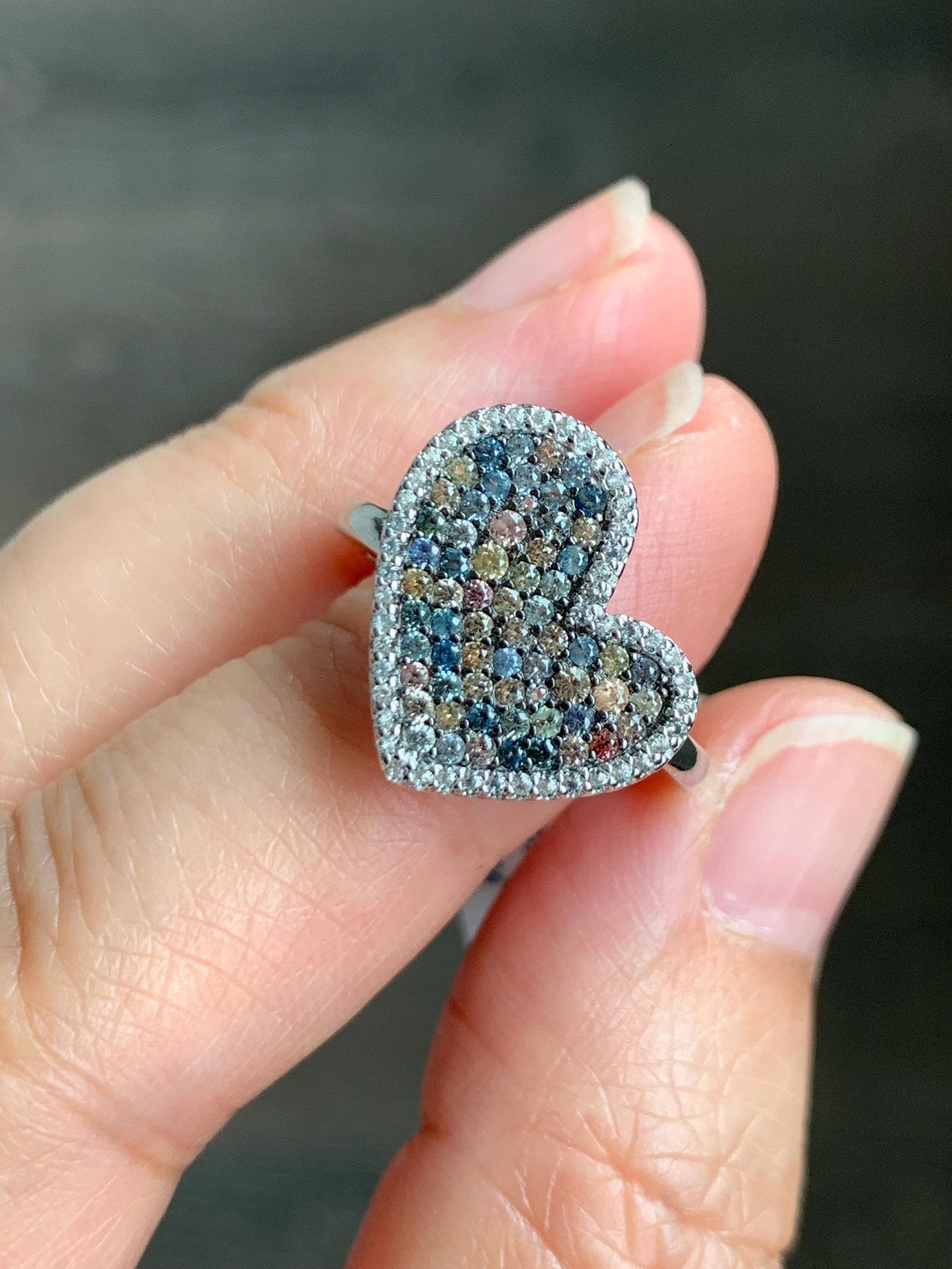 Natural Genuine Sapphire Multicolored Rainbow Sapphire Cluster Heart Ring S925 Sterling Silver Size 6.75 US 3g Sapphire Heart Ring 887