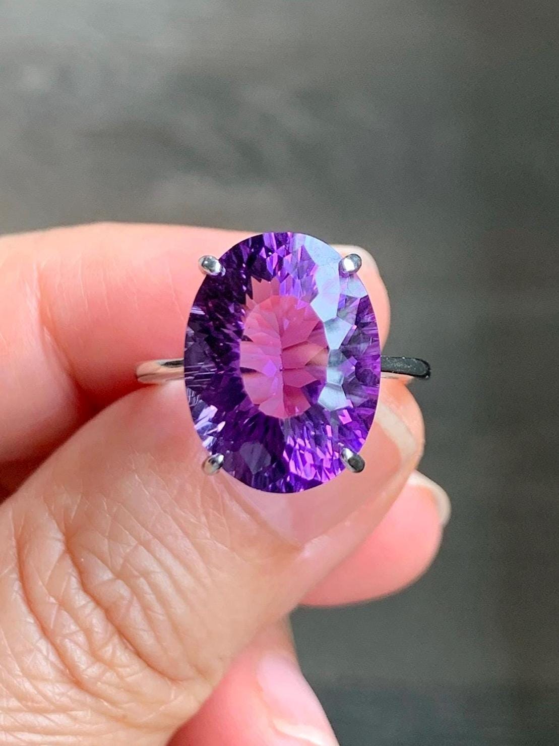 Natural Genuine Large Amethyst Oval Concave Cut Solitaire Ring 12x16x9mm S925 Sterling Silver Size 6 US 5g Large Oval Amethyst Ring 523