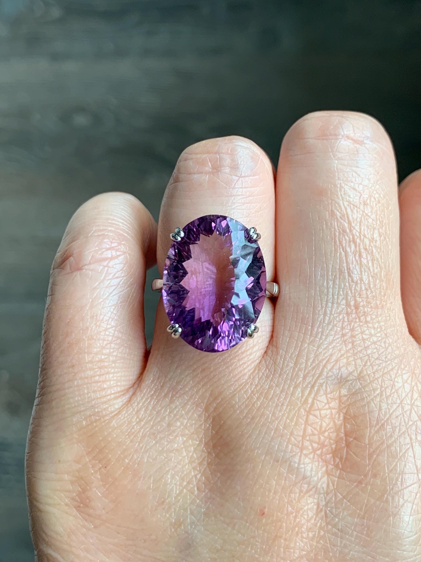Natural Genuine Large Amethyst Oval Concave Cut Solitaire Ring 15x20x10mm S925 Sterling Silver Size 7 US 7g Large Oval Amethyst Ring 513