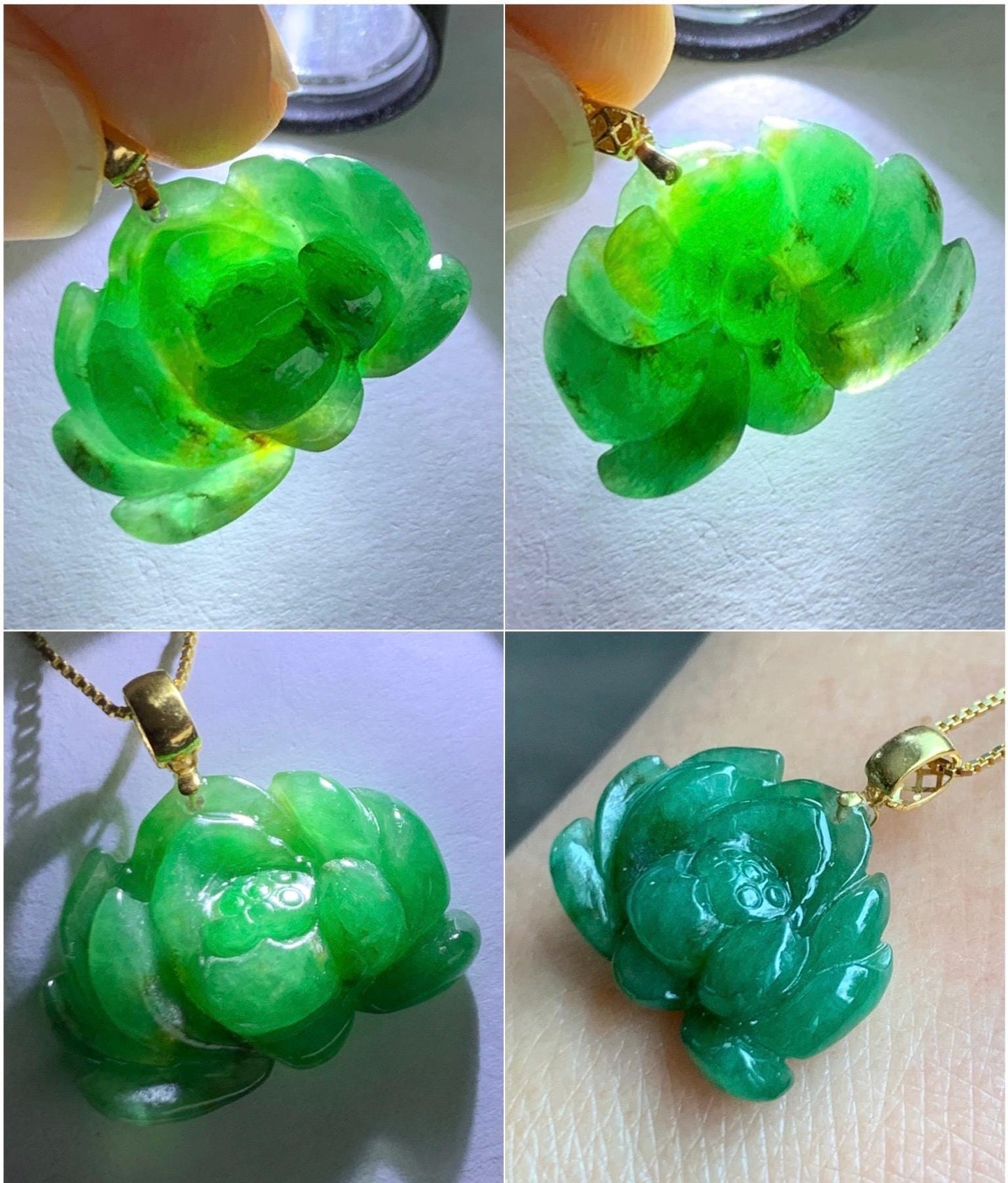 Natural Grade A Icy Translucent Gelatinous Intense Green Jade Jadeite Lotus Flower Pendant 18K Yellow Gold 2g 天然冰胶浓绿翡翠荷花镶嵌吊坠 MNL260