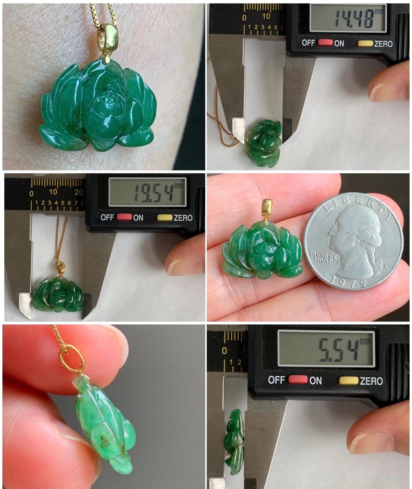 Natural Grade A Icy Translucent Gelatinous Intense Green Jade Jadeite Lotus Flower Pendant 18K Yellow Gold 2g 天然冰胶浓绿翡翠荷花镶嵌吊坠 MNL260