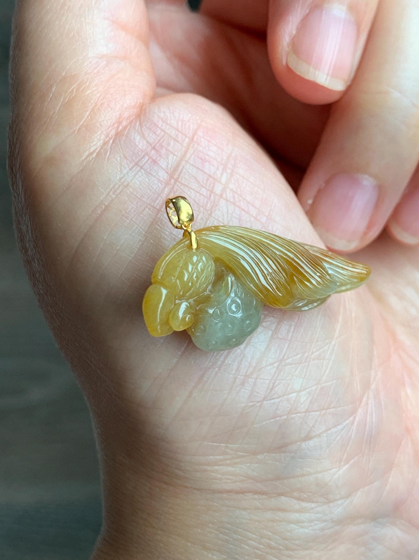 Natural Grade A Icy Translucent Yellow Marbled Jade Jadeite Carved Fish and Lotus Pod Pendant 18K Yellow Gold 5g 天然黄翡翠金鱼莲蓬金扣头吊坠 MHJ200