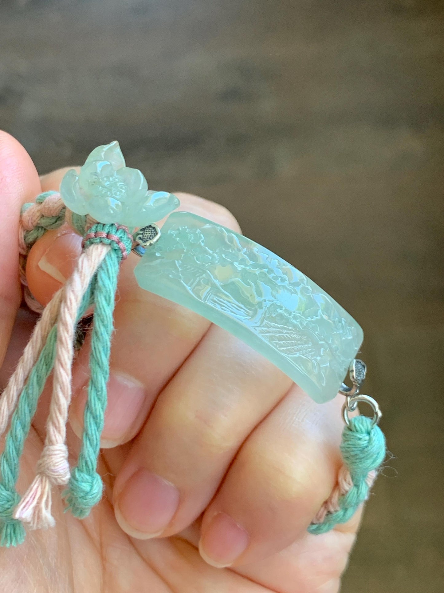 Natural Grade A Icy Highly Translucent Gelatinous Light Green Jadeite Shan Shui Landscape Cuff Rope Bracelet 6.75” 10g 天然冰胶老种绿翡翠山水手牌手绳 SSQ21