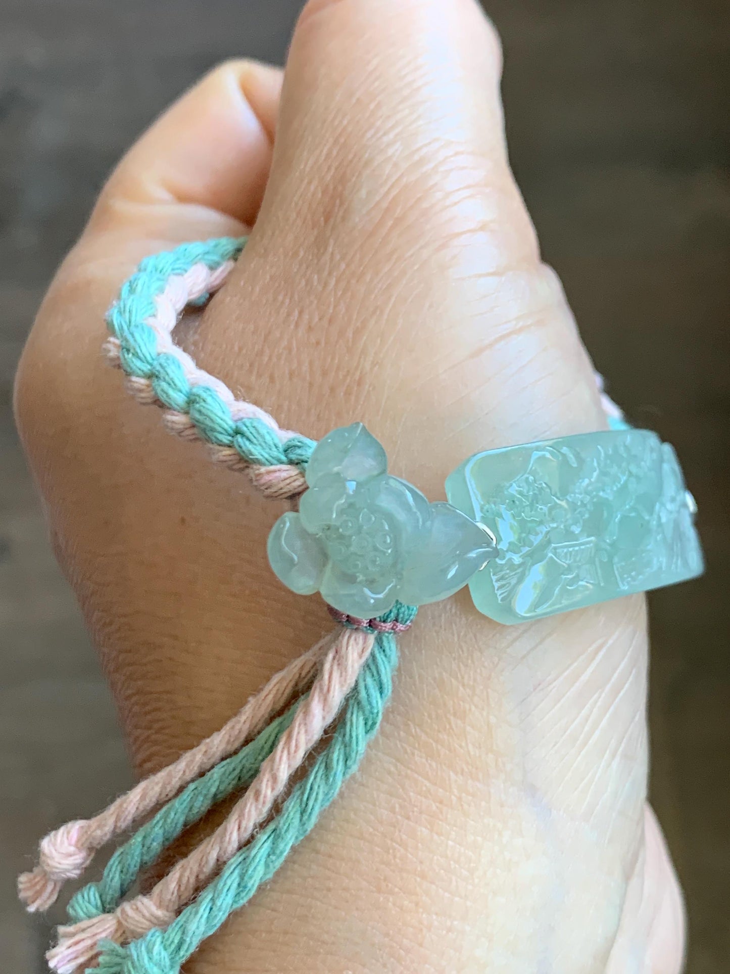 Natural Grade A Icy Highly Translucent Gelatinous Light Green Jadeite Shan Shui Landscape Cuff Rope Bracelet 6.75” 10g 天然冰胶老种绿翡翠山水手牌手绳 SSQ21